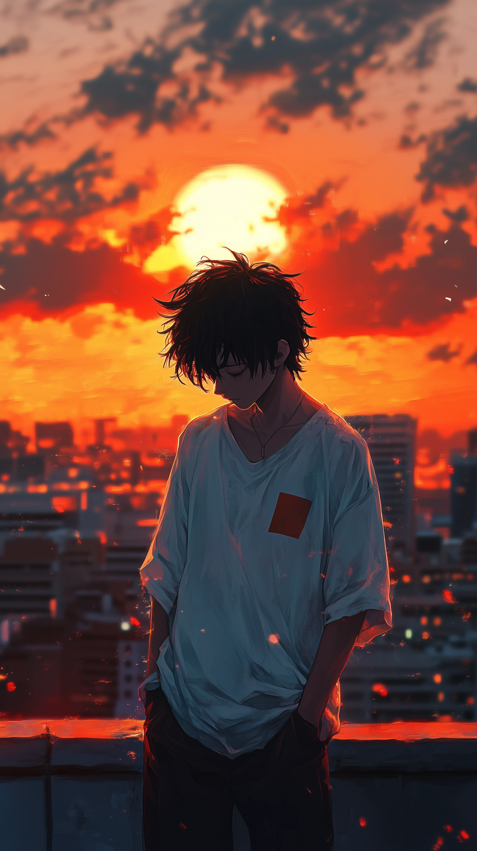 Anime Boy Contemplates Cityscape at Sunset Art