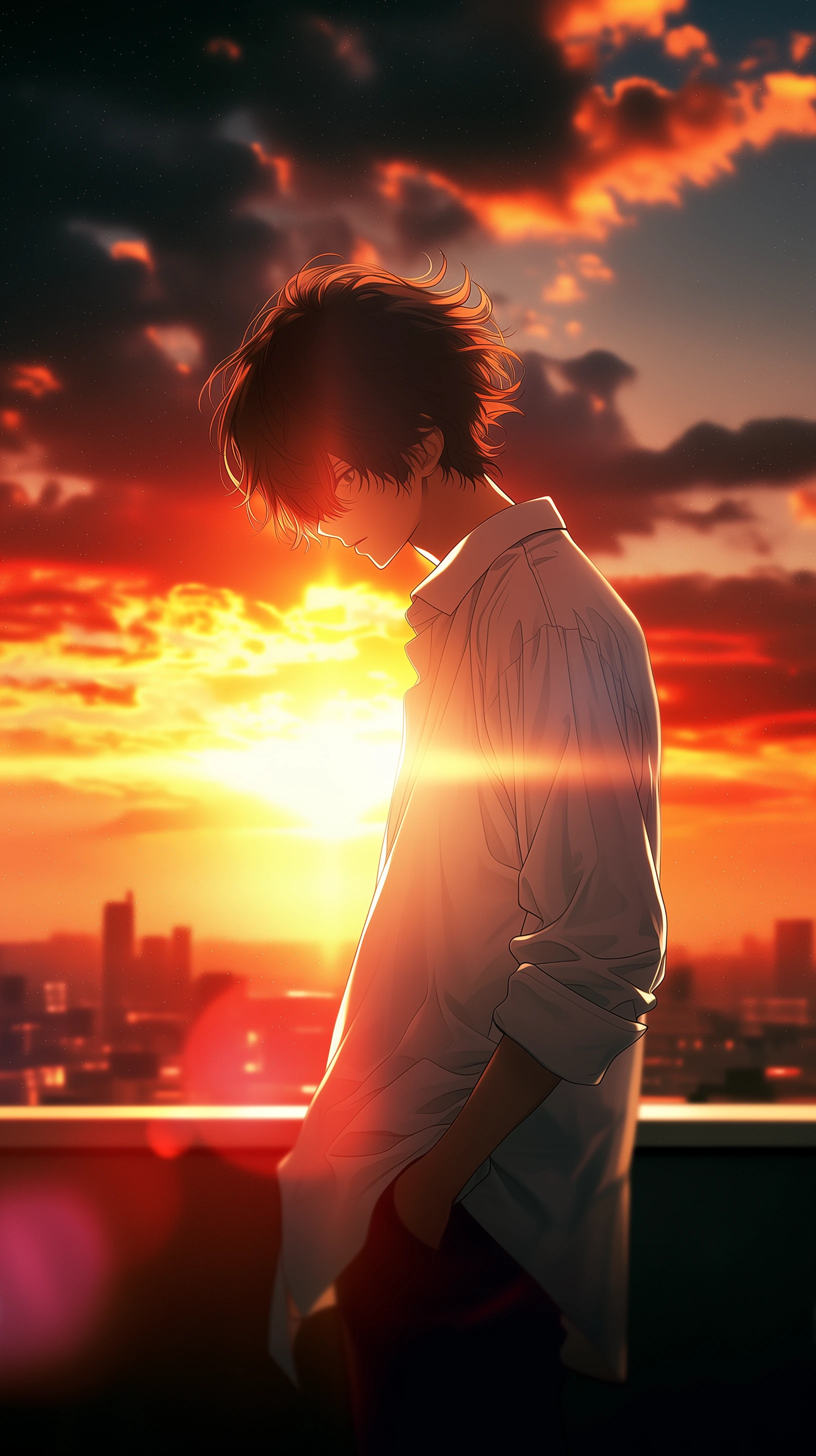 Anime Boy Gazing at a Fiery Sunset Cityscape