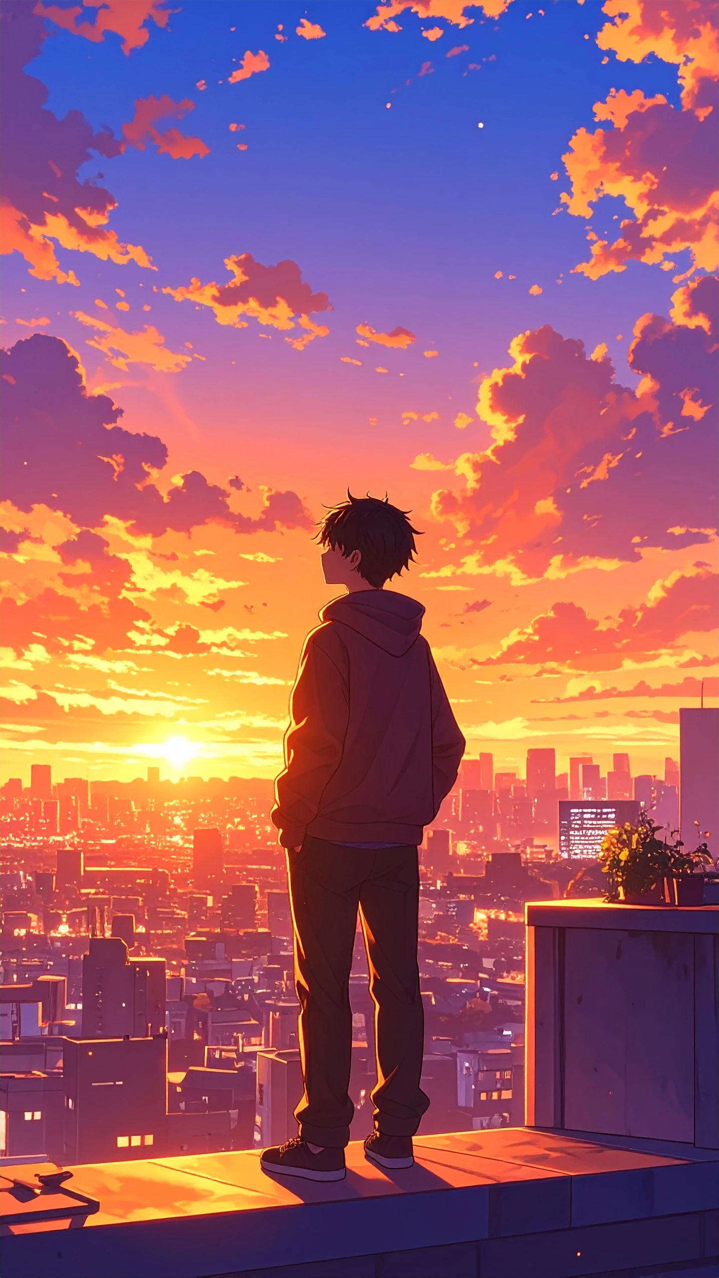 Anime Boy Gazing at a Vivid Sunset over the City