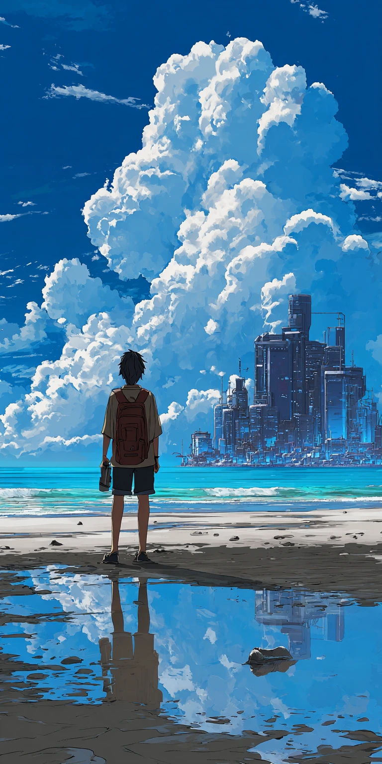 Anime Boy Gazing at Cyberpunk City from Beach