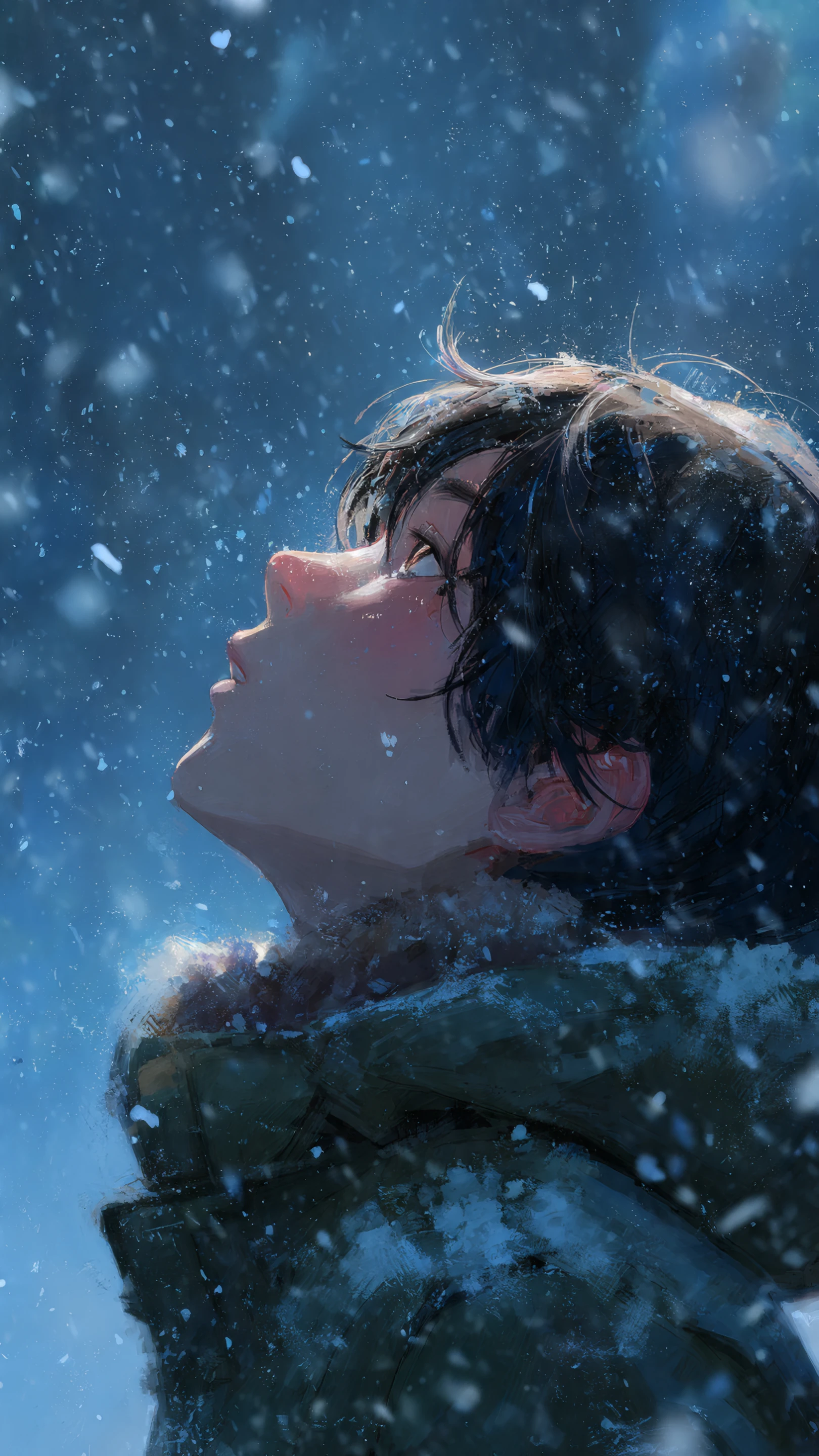 Anime Boy Gazing at Falling Snow in Winter