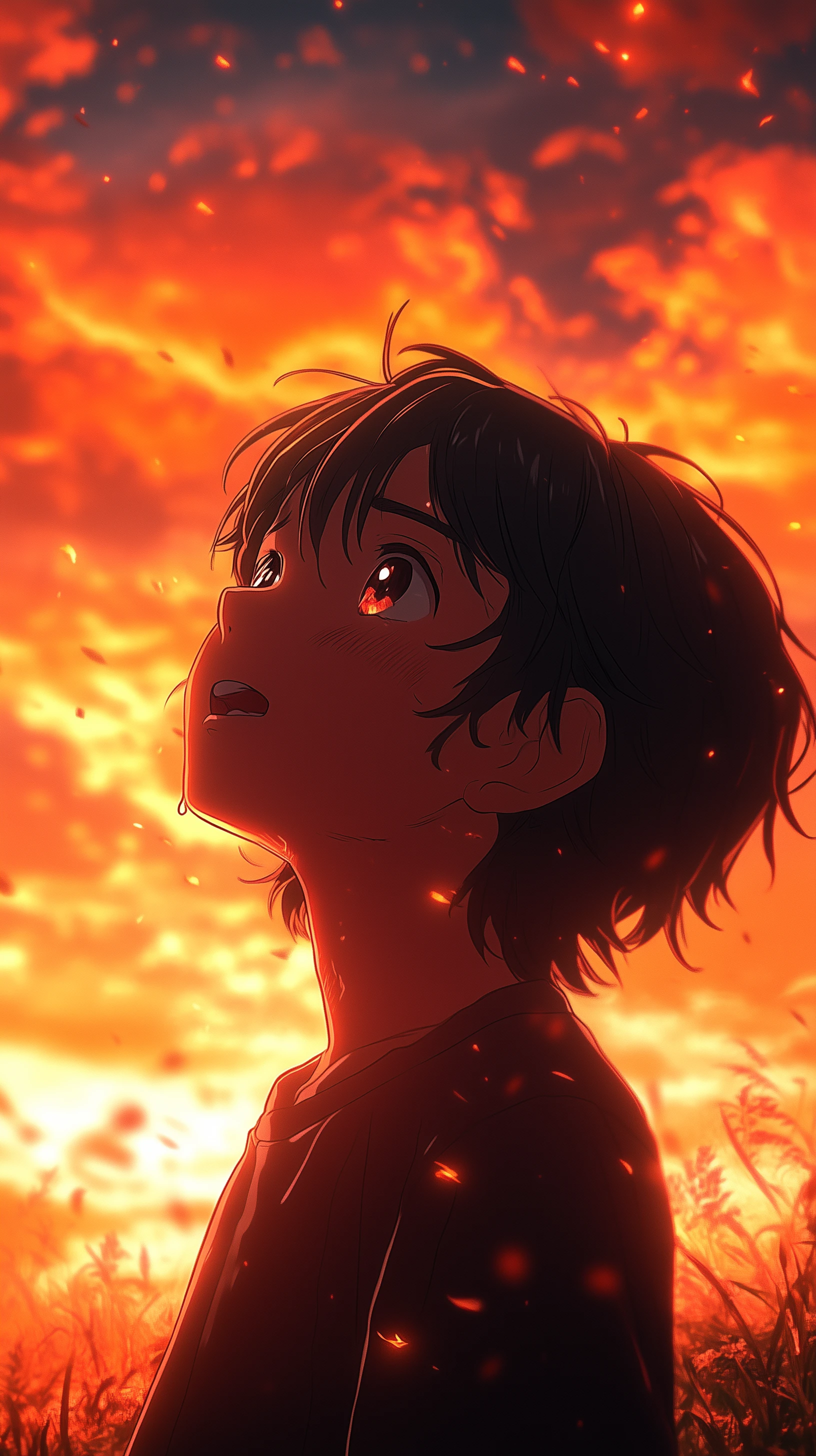 Anime Boy Gazing at Fiery Orange Sky with Tears