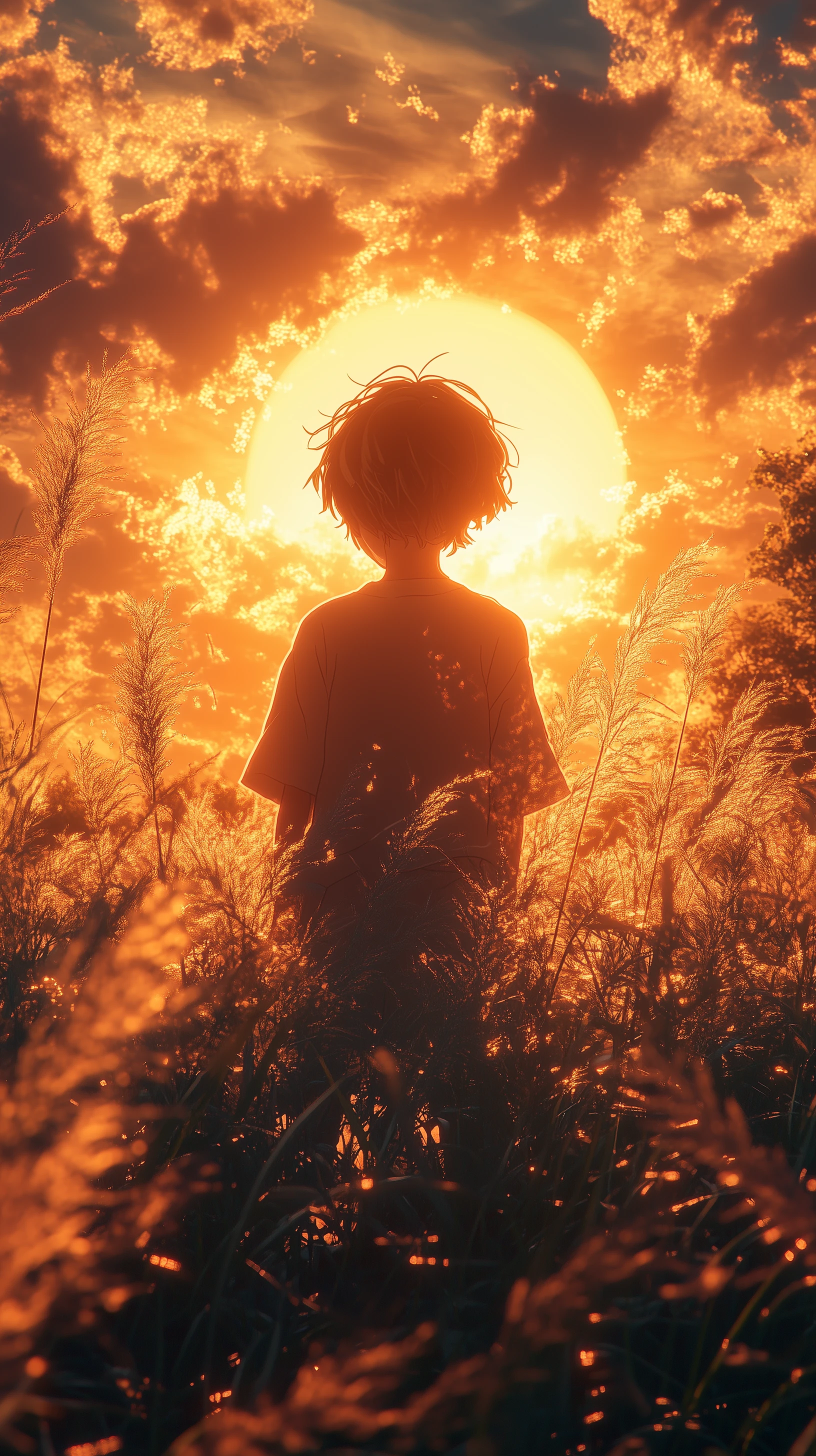 Anime Boy Gazing at Golden Sunset in Field of Grass