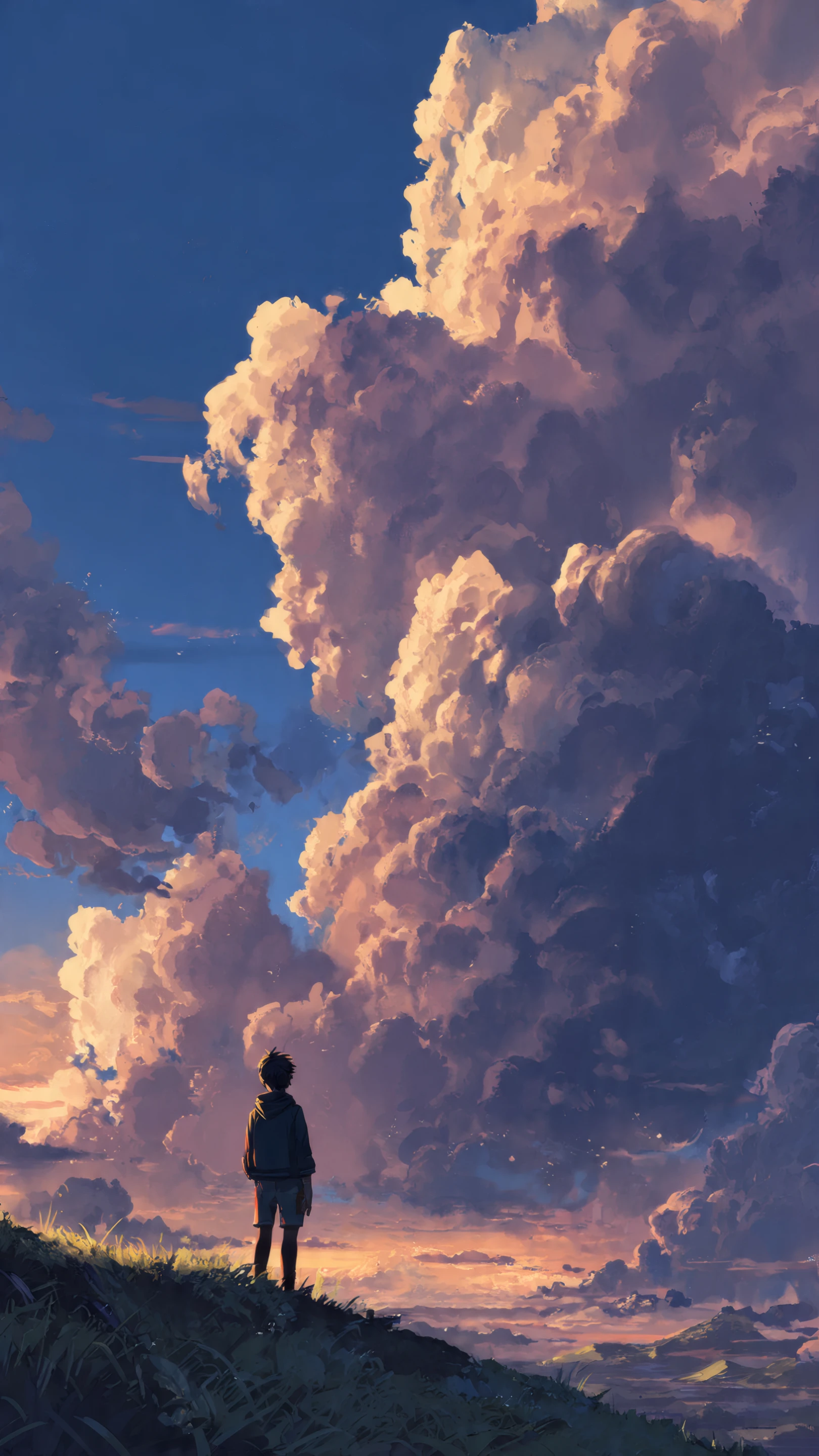 Anime Boy Gazing at Majestic Sunset Clouds