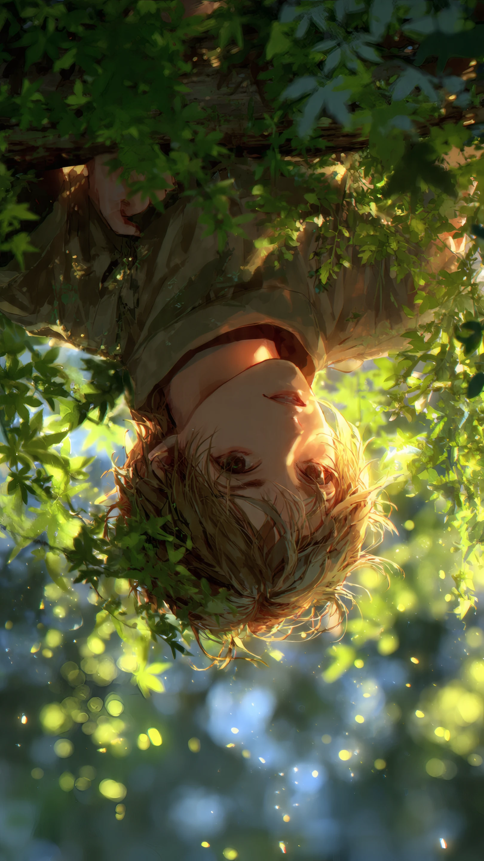 Anime Boy Gazing from Upside Down Among Green Leaves