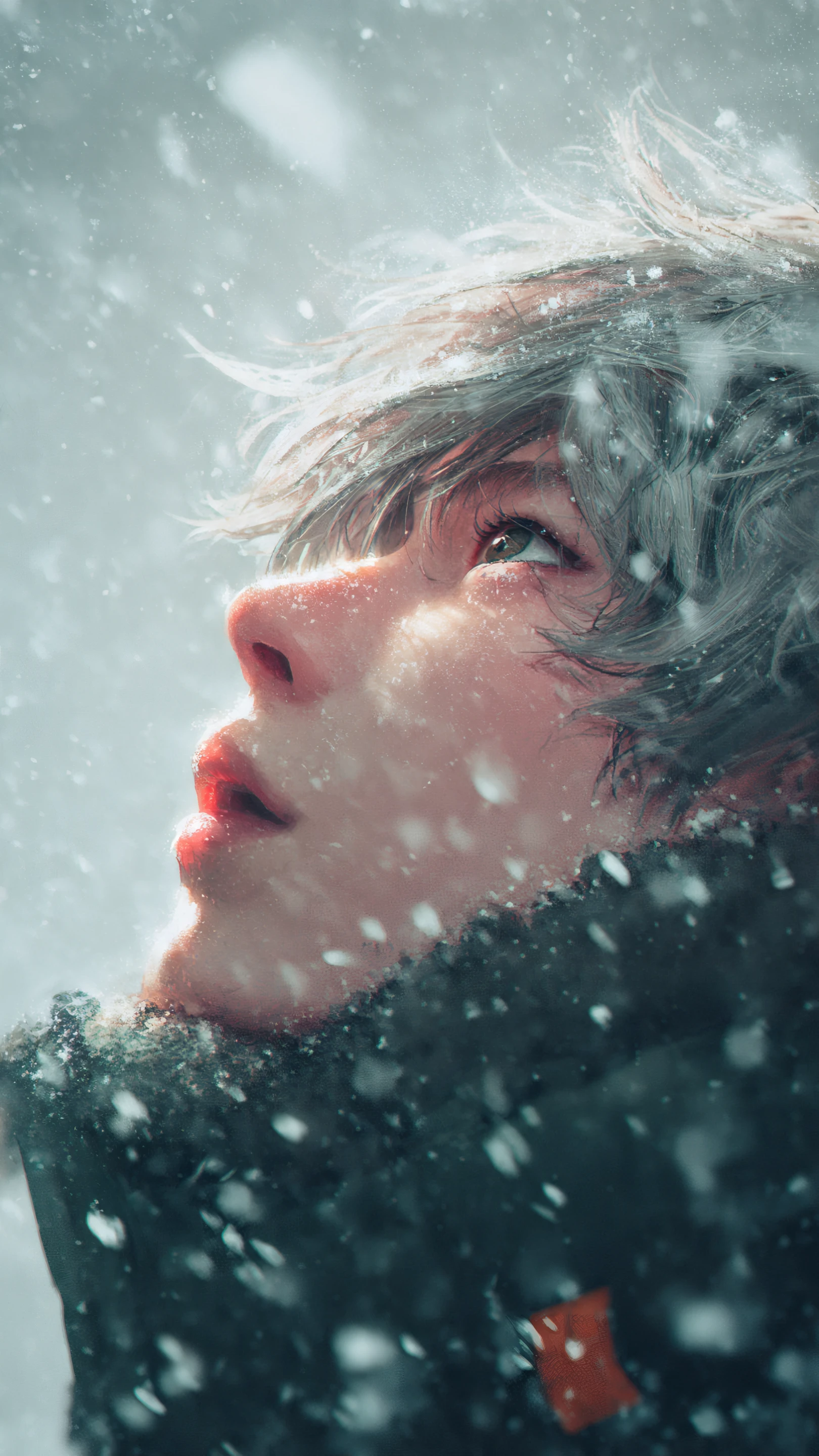 Anime Boy Gazing Upward in a Winter Snowfall