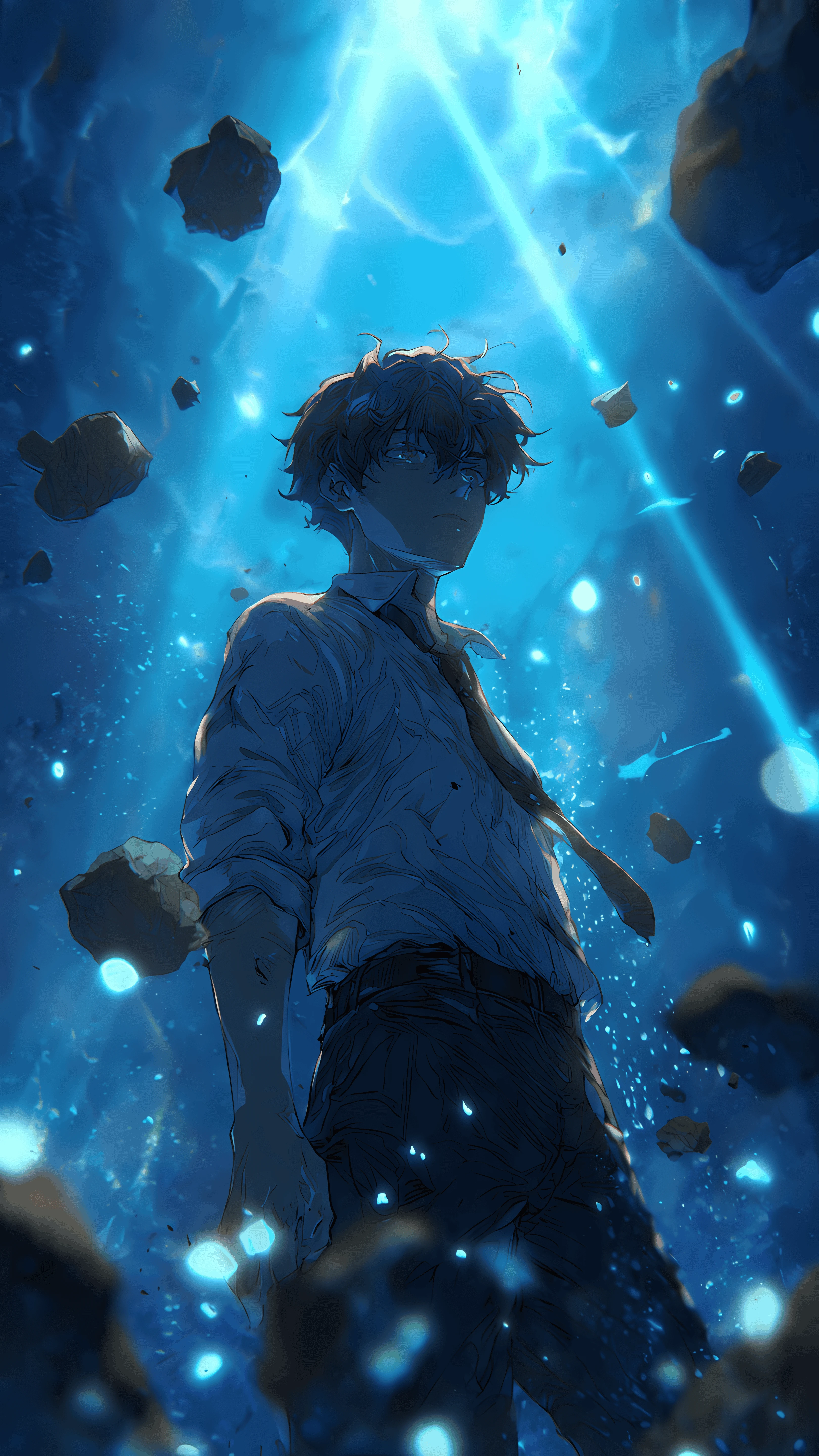 Anime Boy Gazing Upward in Azure Light