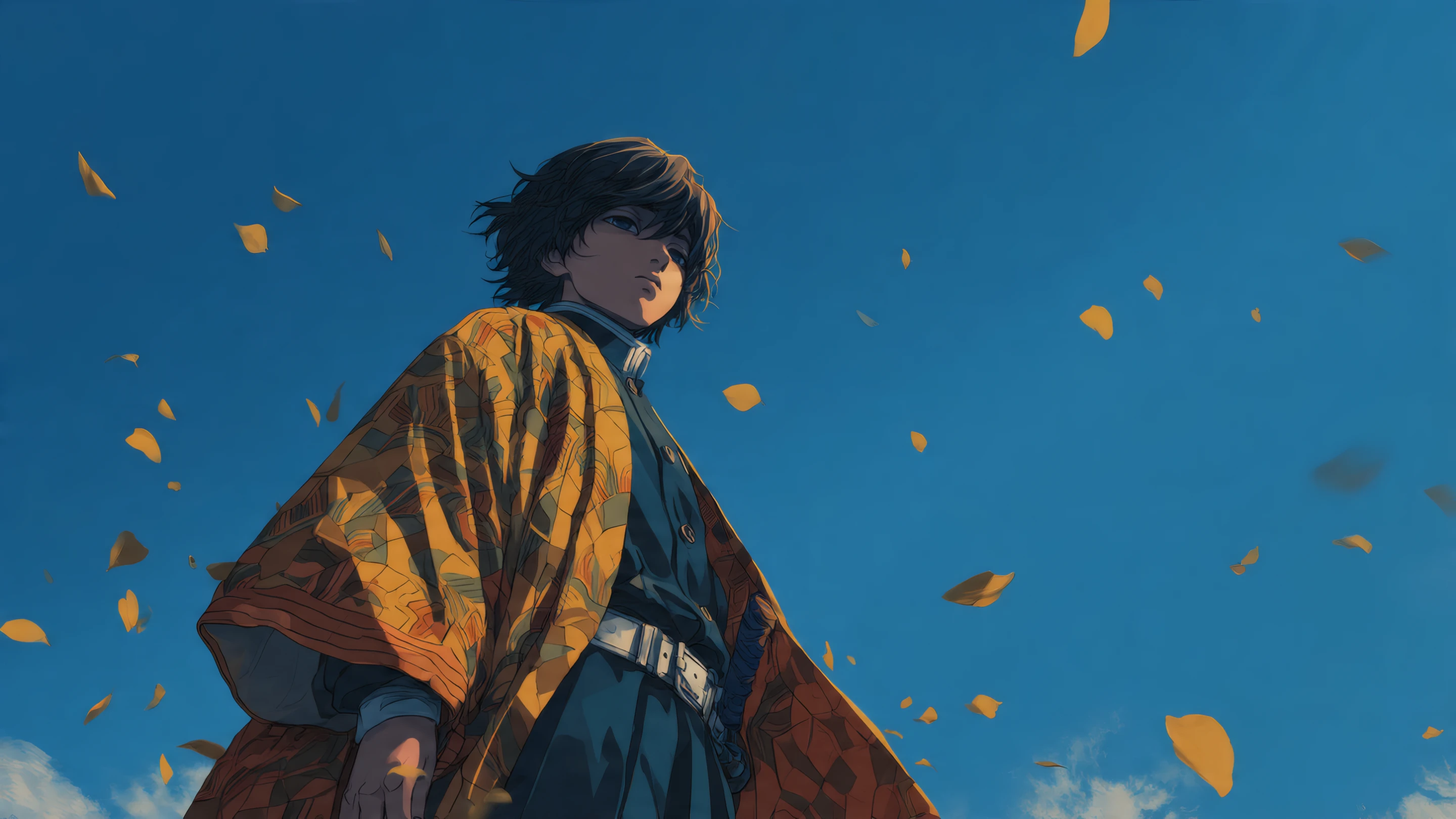 Anime Boy in Patterned Kimono Looks at Sky