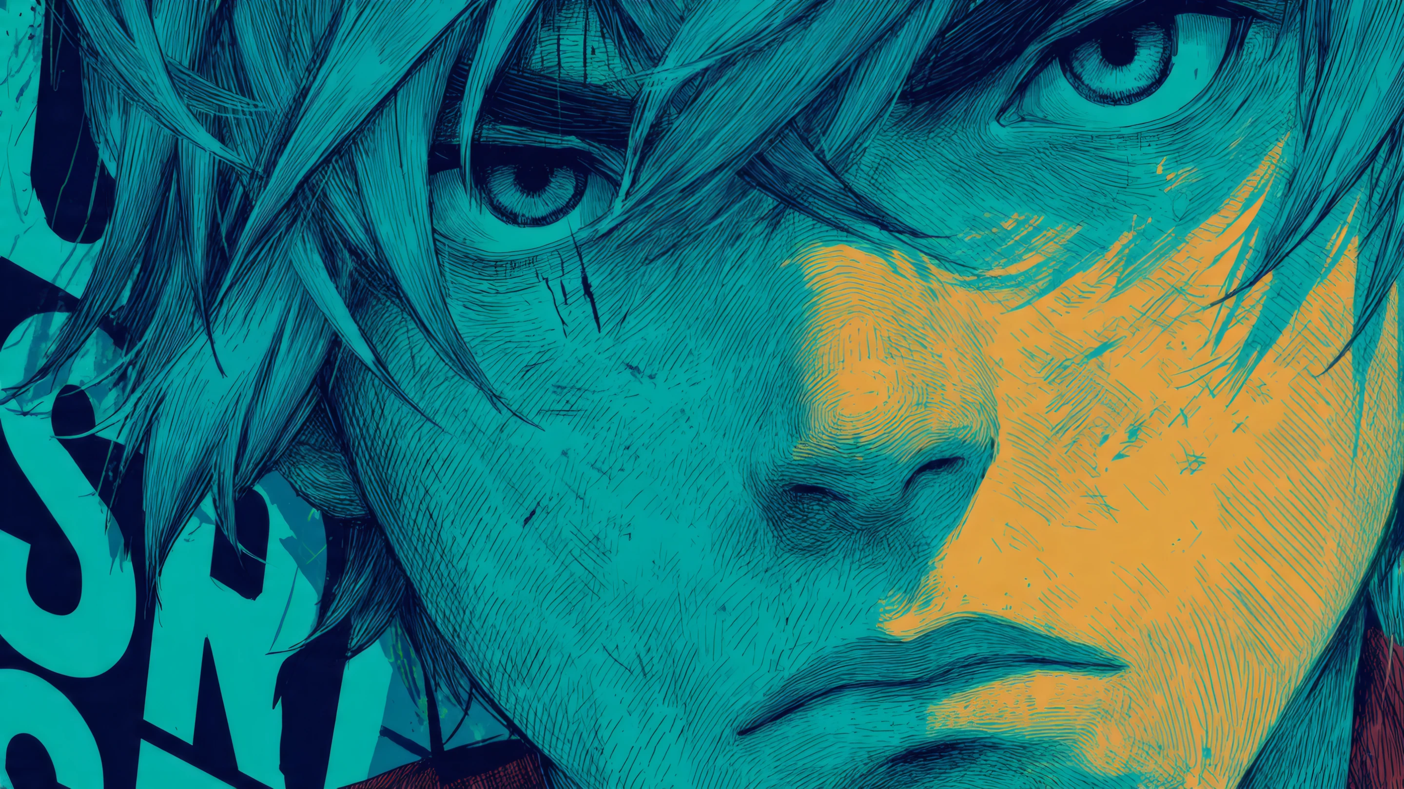 Anime Boy Portrait in Teal and Gold