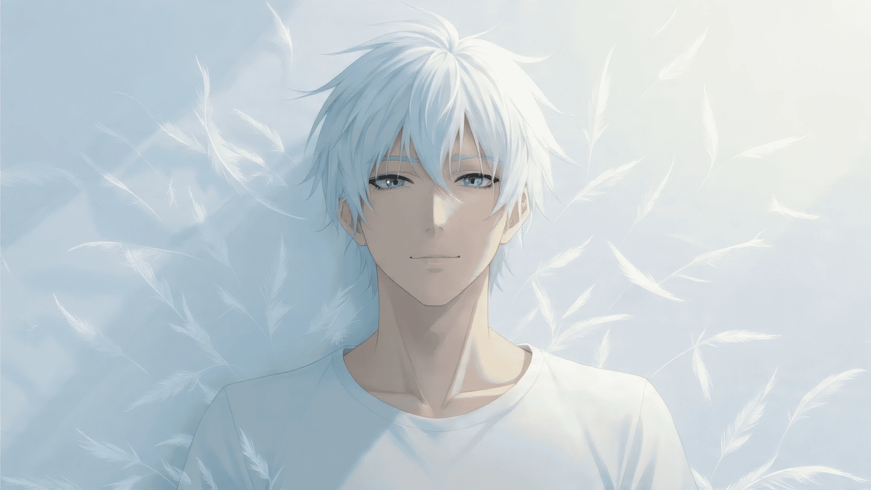 Anime Boy Portrait with White Feathers Background