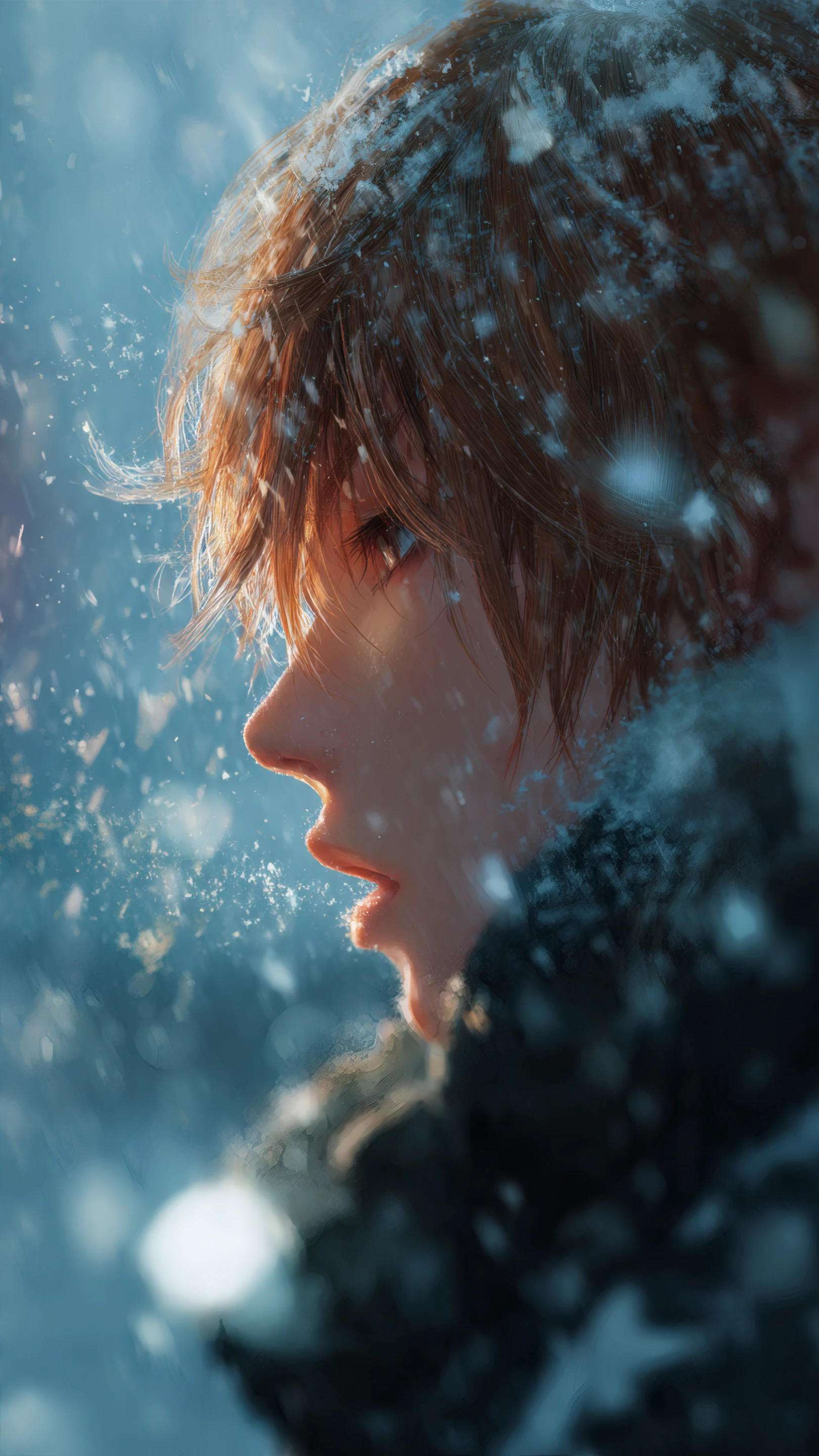 Anime Boy Profile in Winter Snowfall Warm Lighting