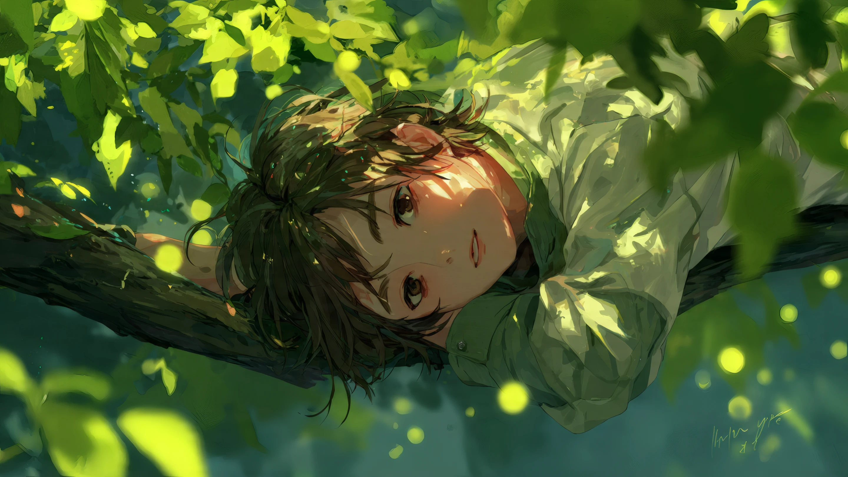Anime Boy Relaxing in Tree with Sunlight and Fireflies
