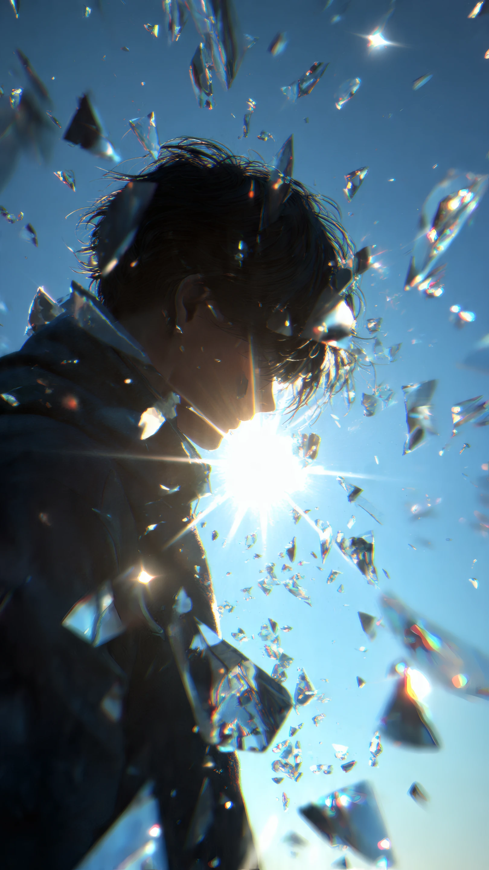Anime Boy Silhouette Amidst Shattered Crystal Sky
