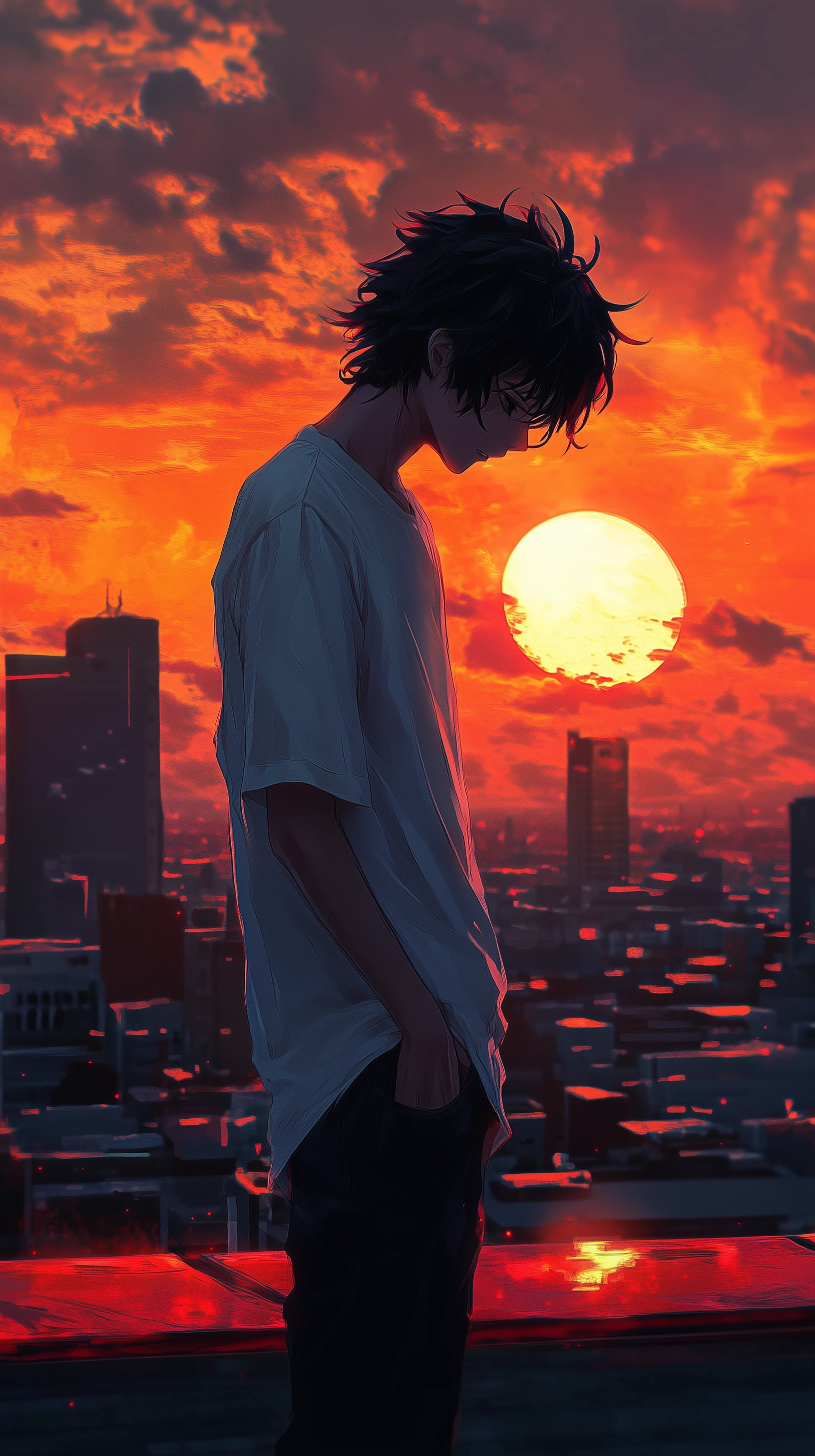 Anime Boy Silhouette Contemplates City at Fiery Sunset