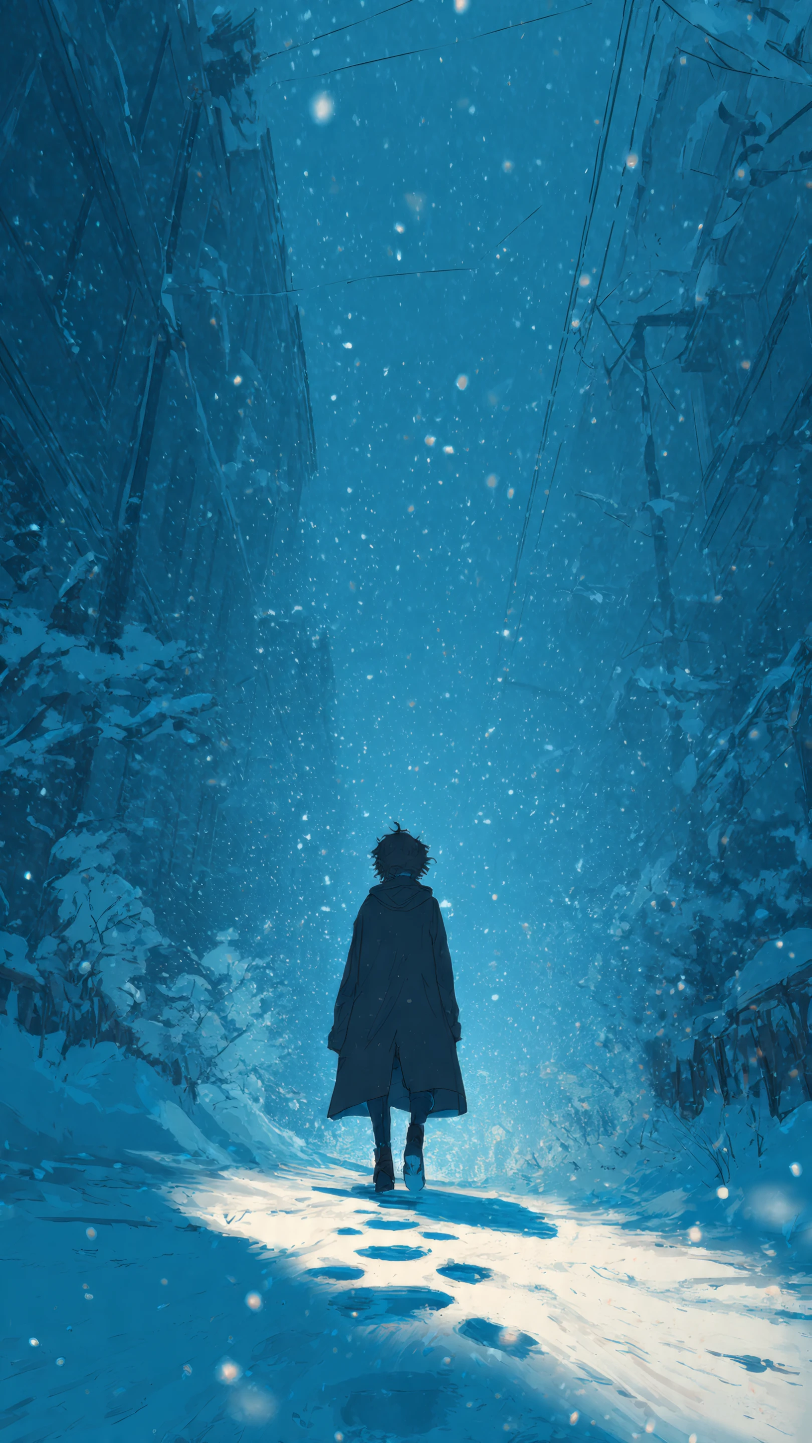 Anime Boy Silhouette in a Snowy Blue Landscape