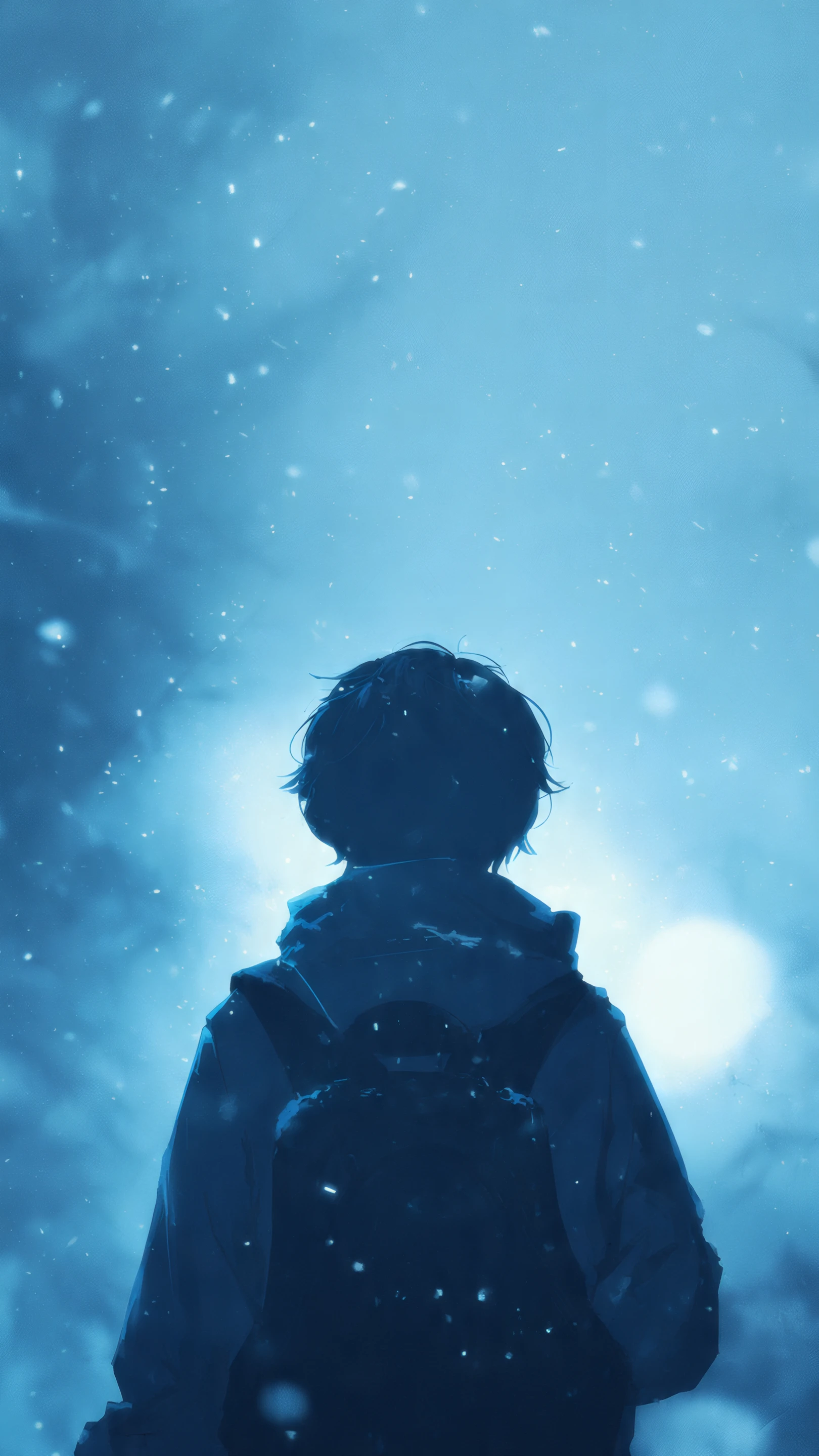 Anime Boy Silhouette in Blue Snowy Night Sky