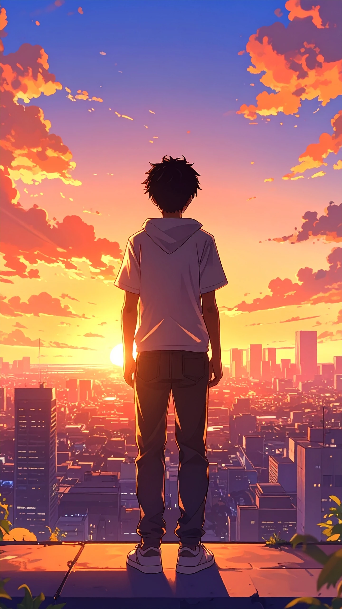 Anime Boy Silhouette Watching Sunset over the City