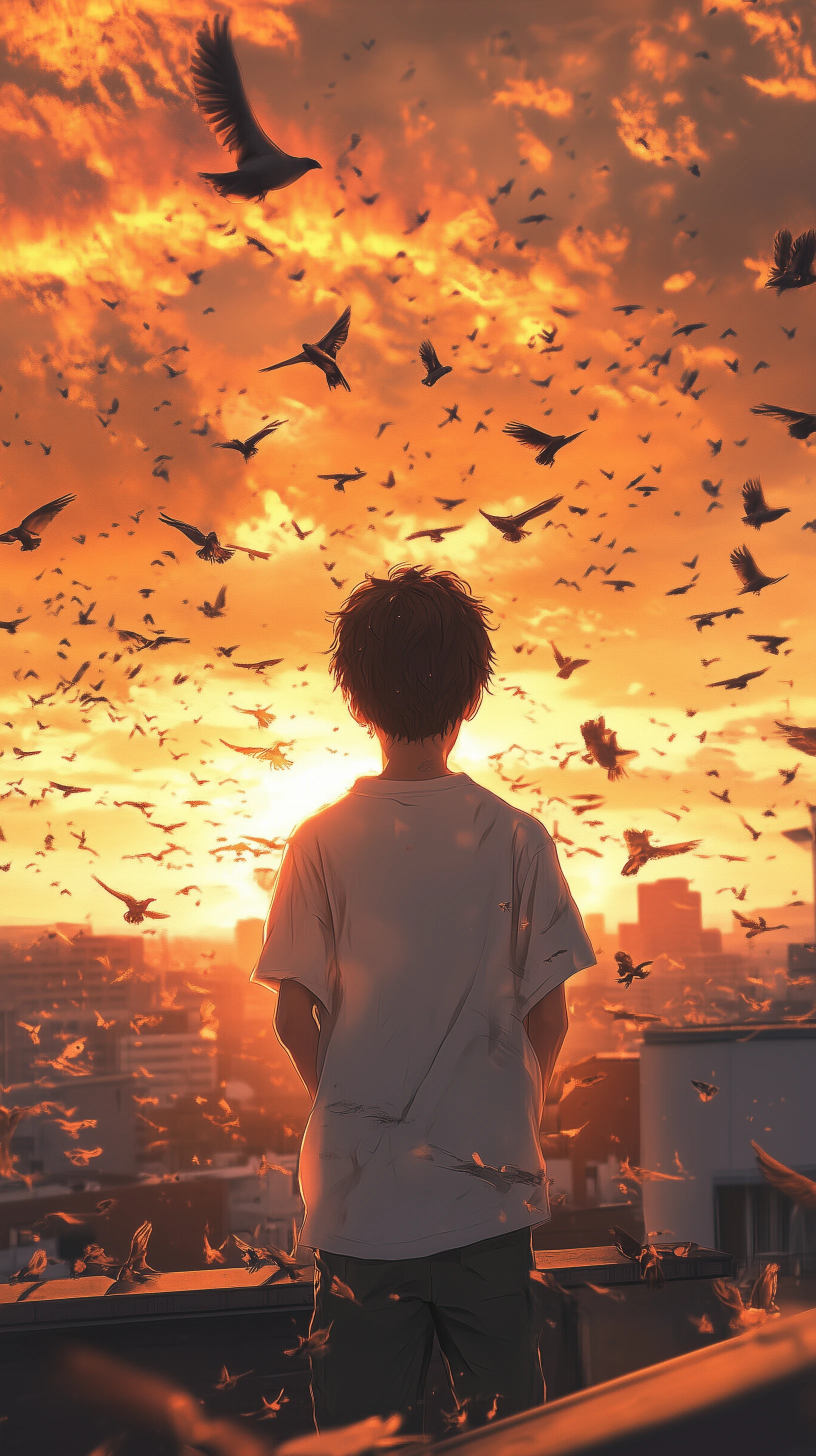Anime Boy Silhouetted Against a Fiery Bird-filled Sunset
