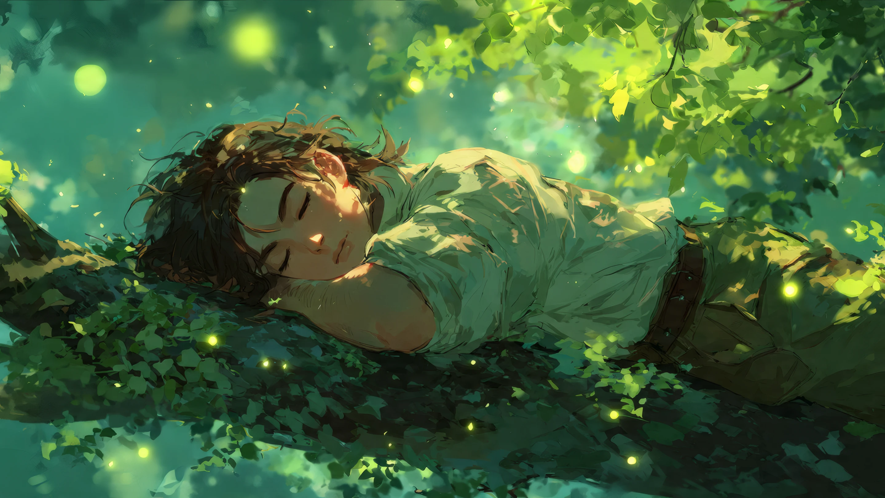 Anime Boy Sleeping Peacefully in a Forest Tree