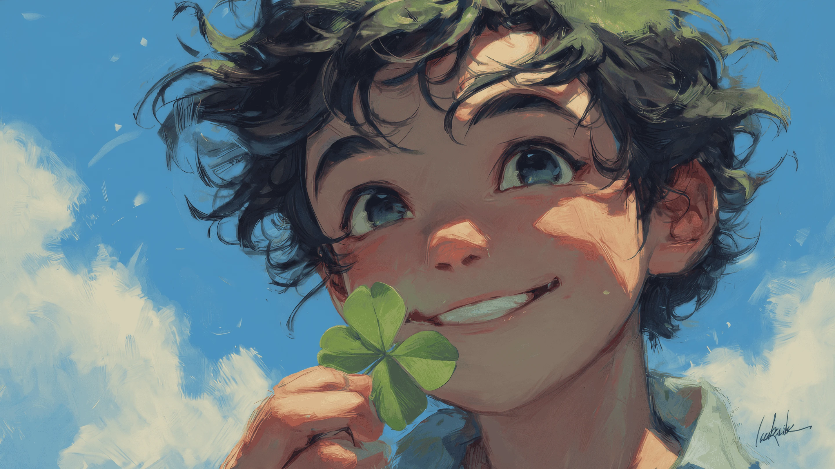 Anime Boy Smiling with Four-leaf Clover Under Blue Sky
