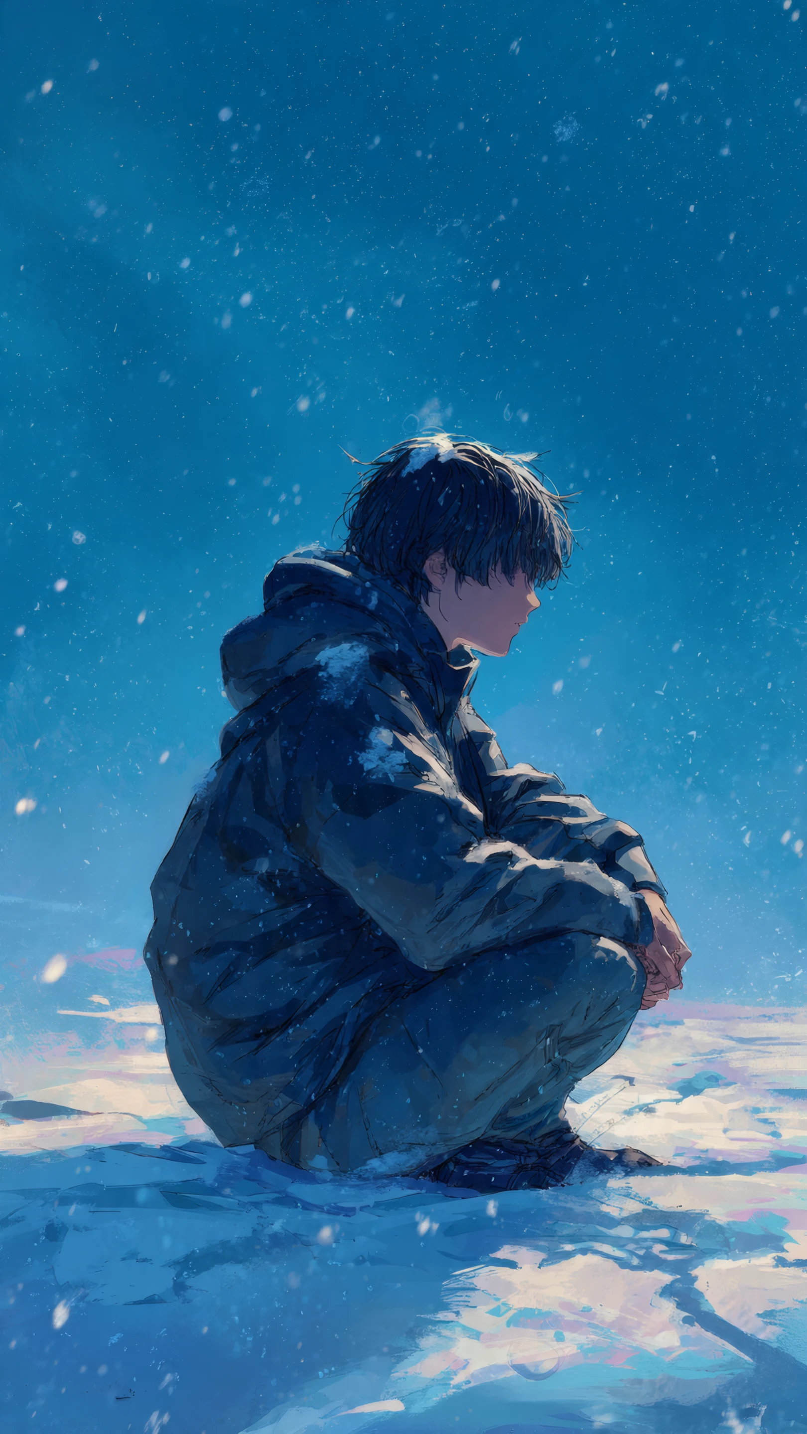 Anime Boy Squatting in Snowy Weather Illustration