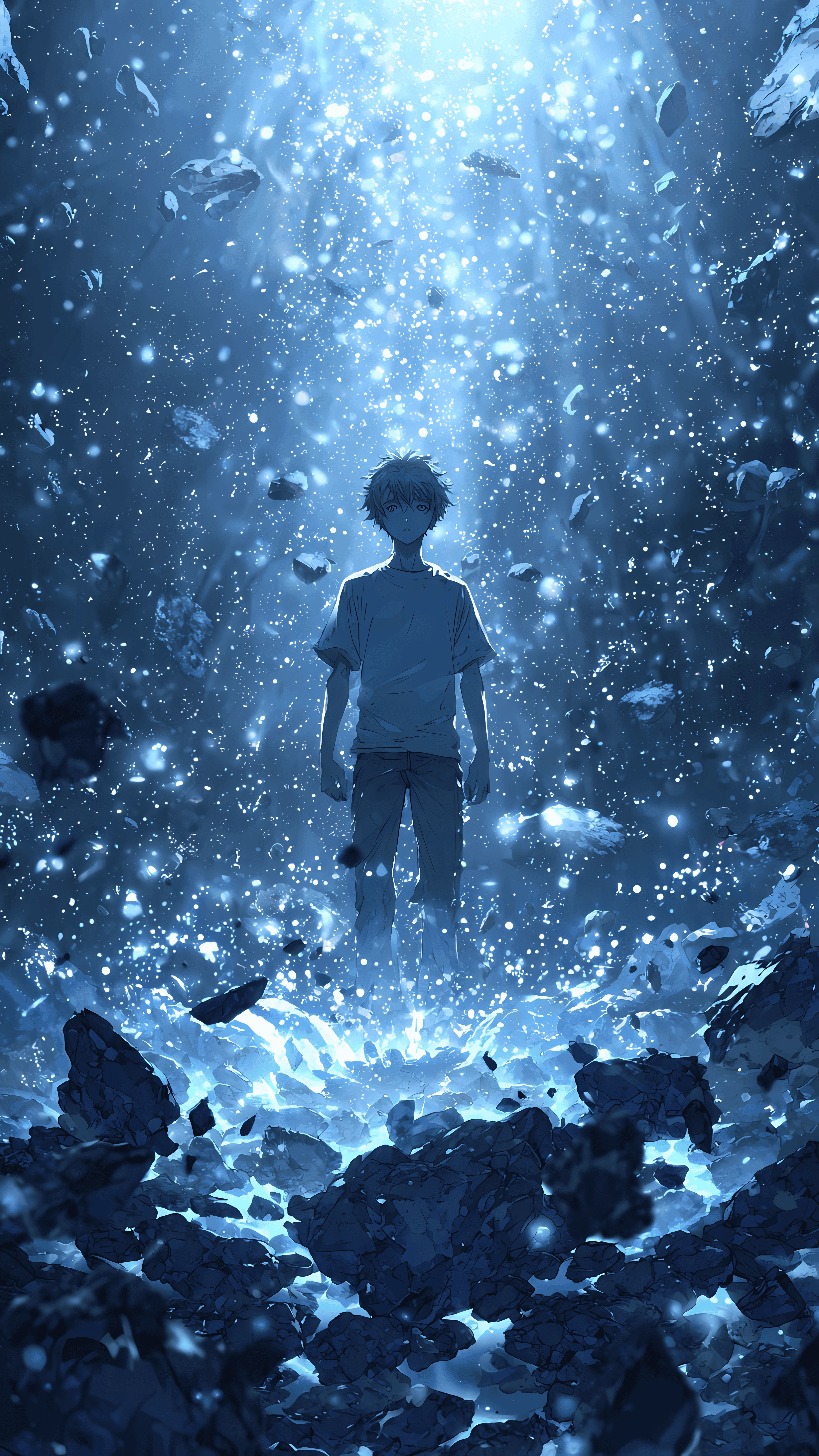 Anime Boy Standing in a Starry Blue Abyss