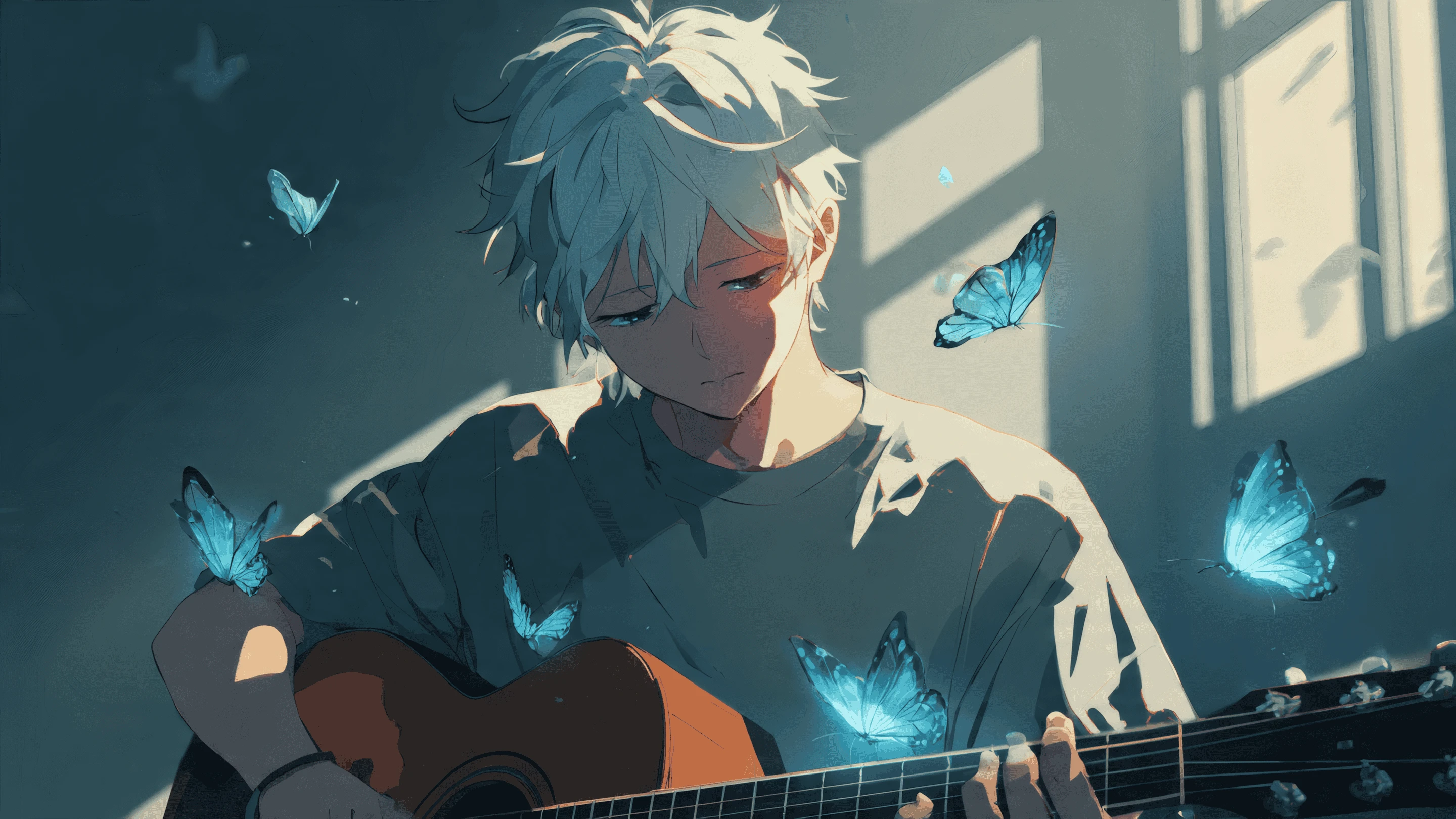 Anime Boy Surrounded by Glowing Blue Butterflies