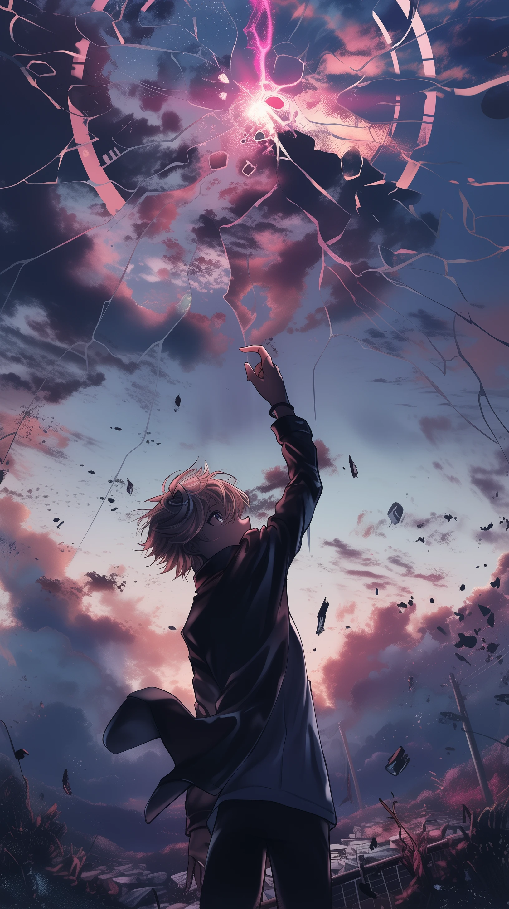 Anime Boy Touches a Breaking Sky with Pink Light