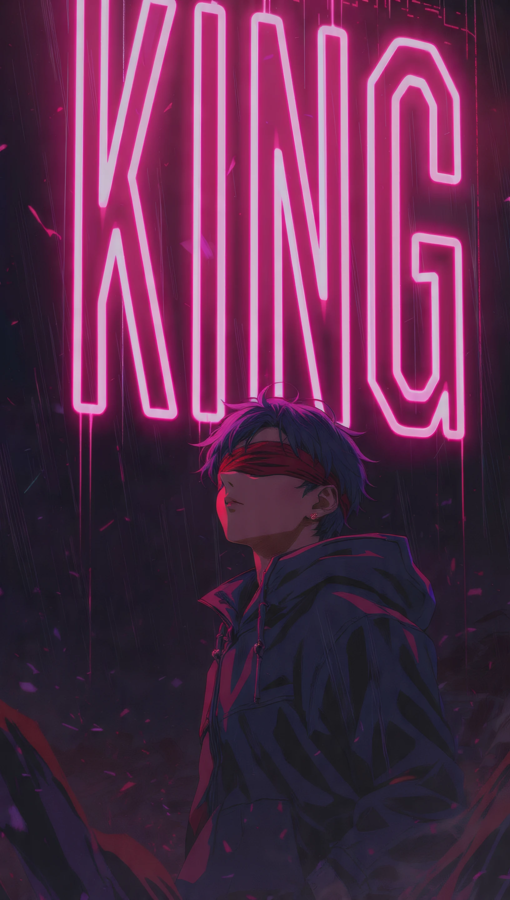 Anime Boy Under Pink Neon King Sign 4K Wallpaper