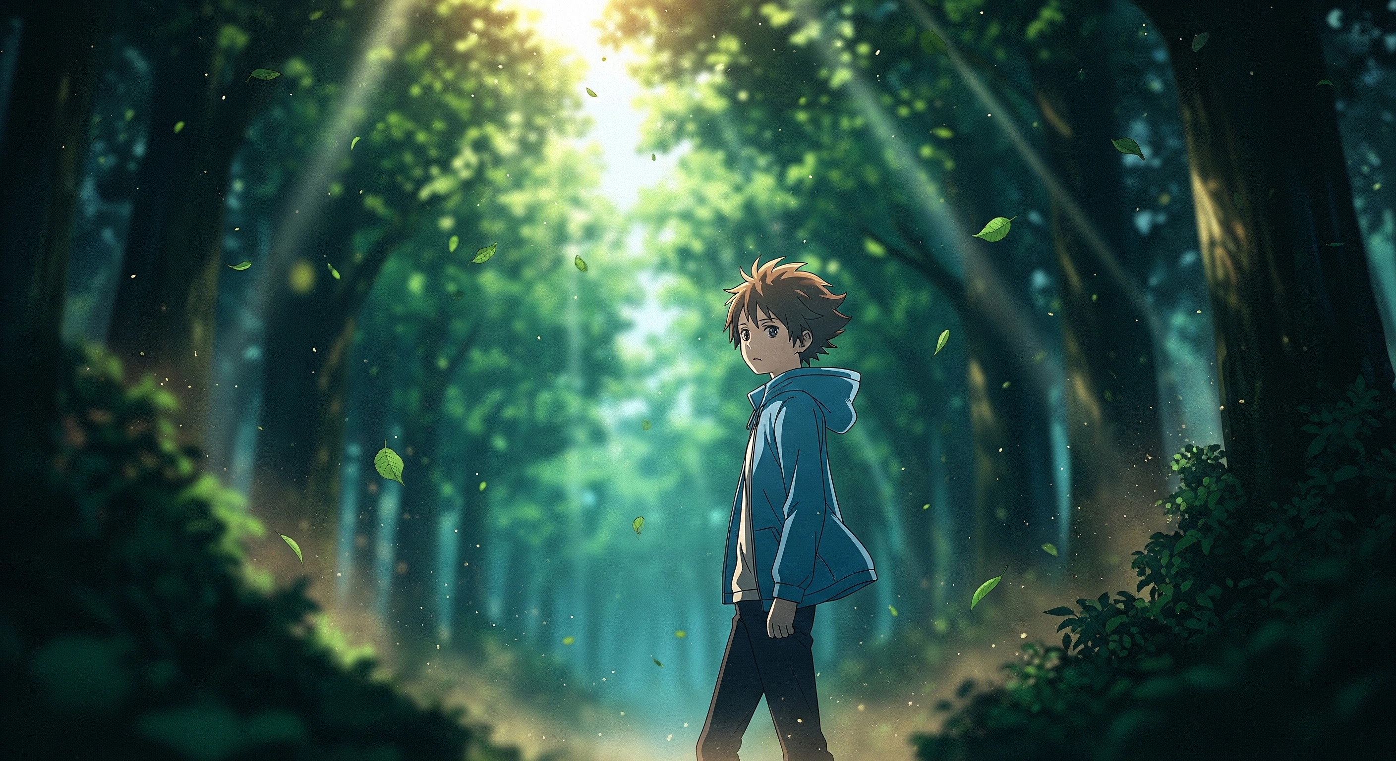 Anime Boy Walking Through a Forest with Sunlight