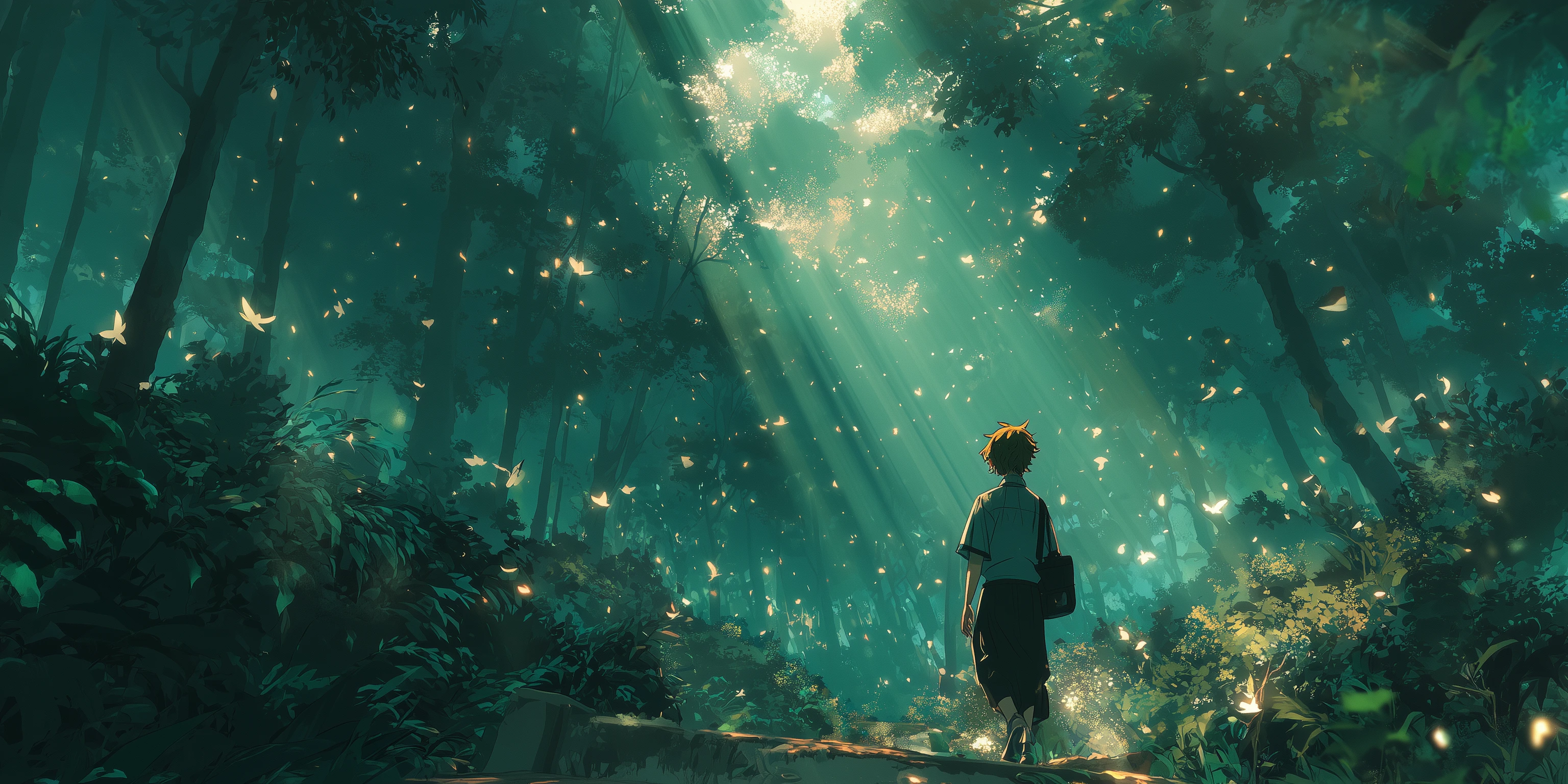 Anime Boy Walking Through a Mystical Forest
