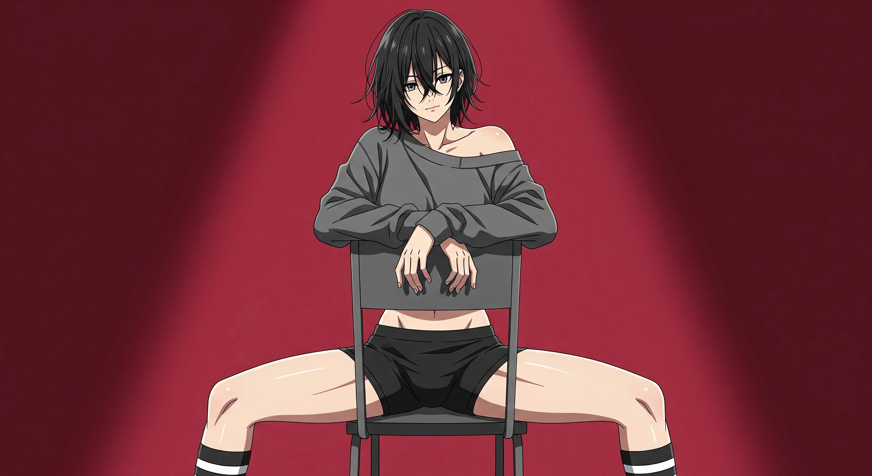 Anime Boy with Black Hair on Chair Red Background