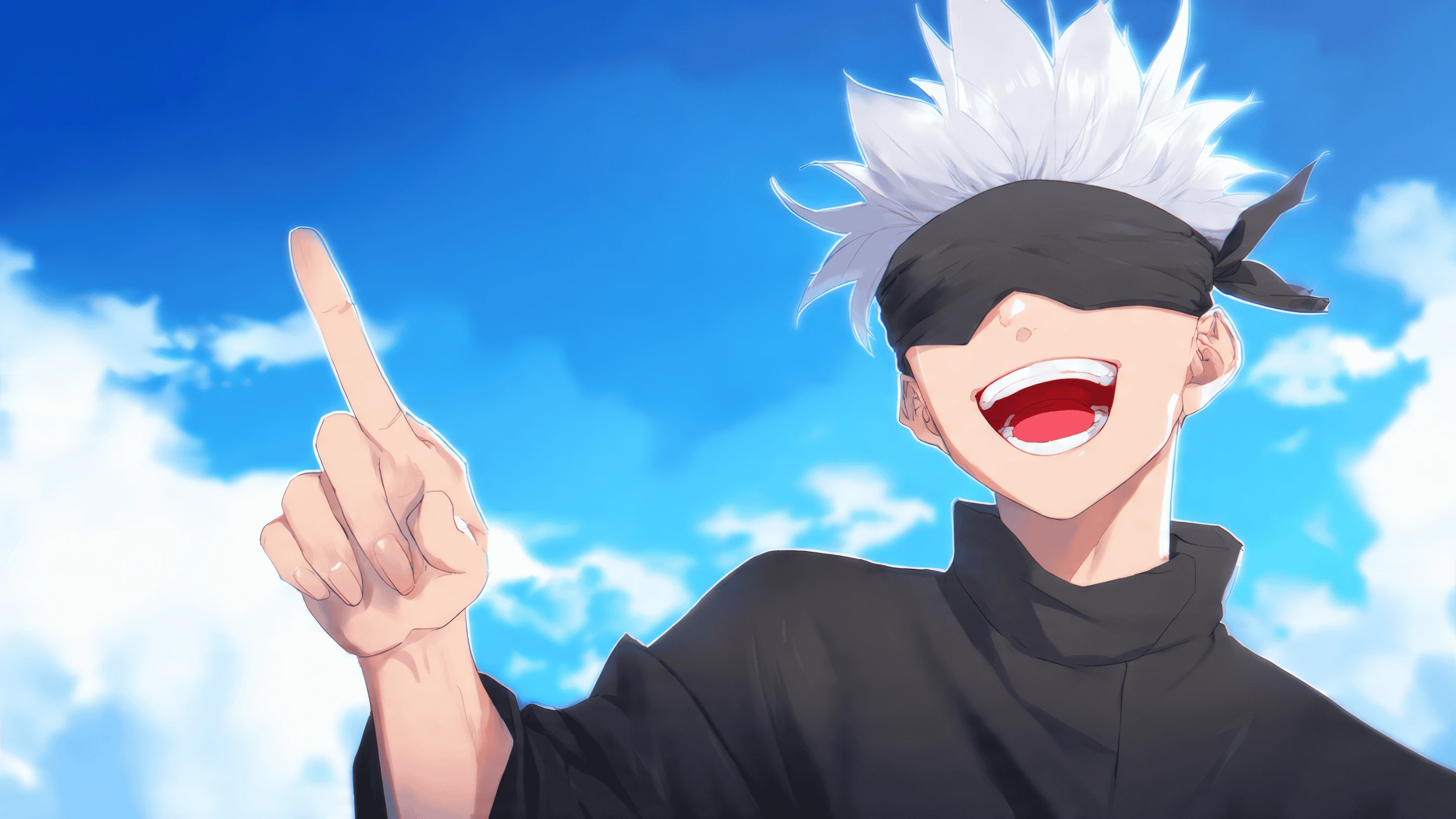 Anime Boy with Blindfold Smiling in Blue Sky Background