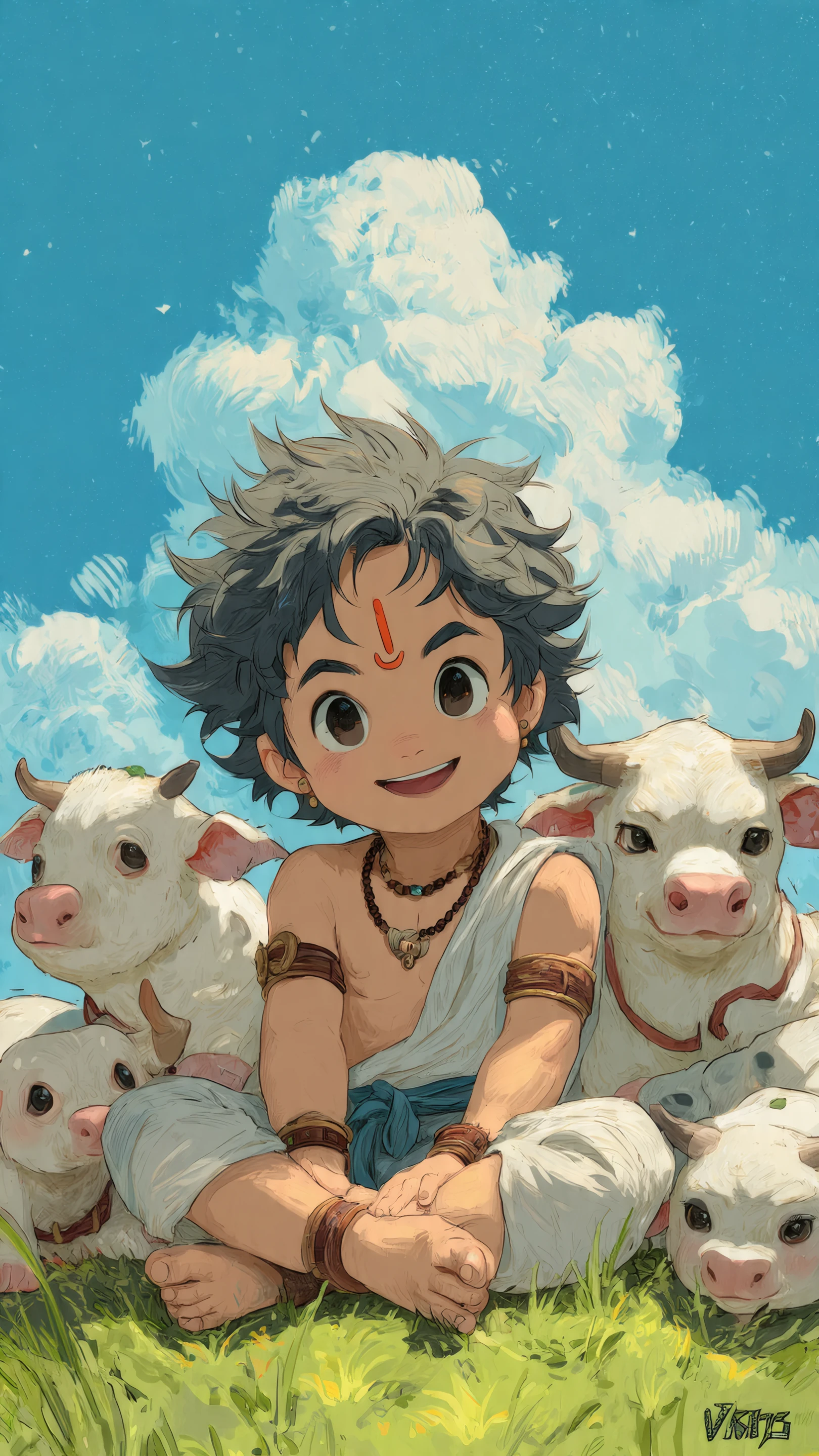 Anime Boy with Cows in a Sunny Meadow