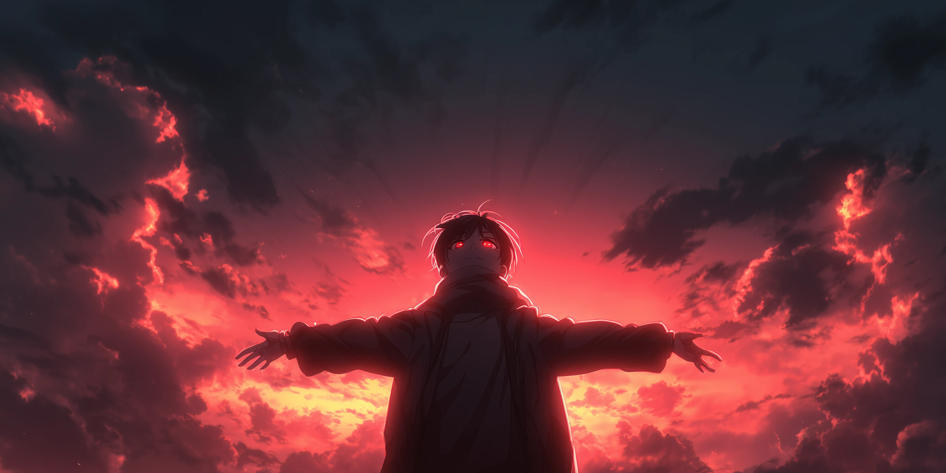 Anime Boy with Glowing Red Eyes Against Fiery Sky