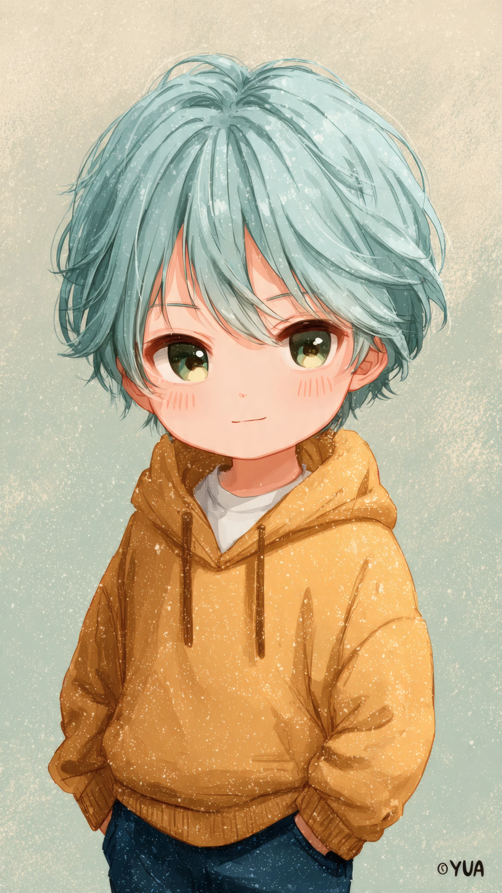 Anime Boy with Light Blue Hair and Yellow Hoodie
