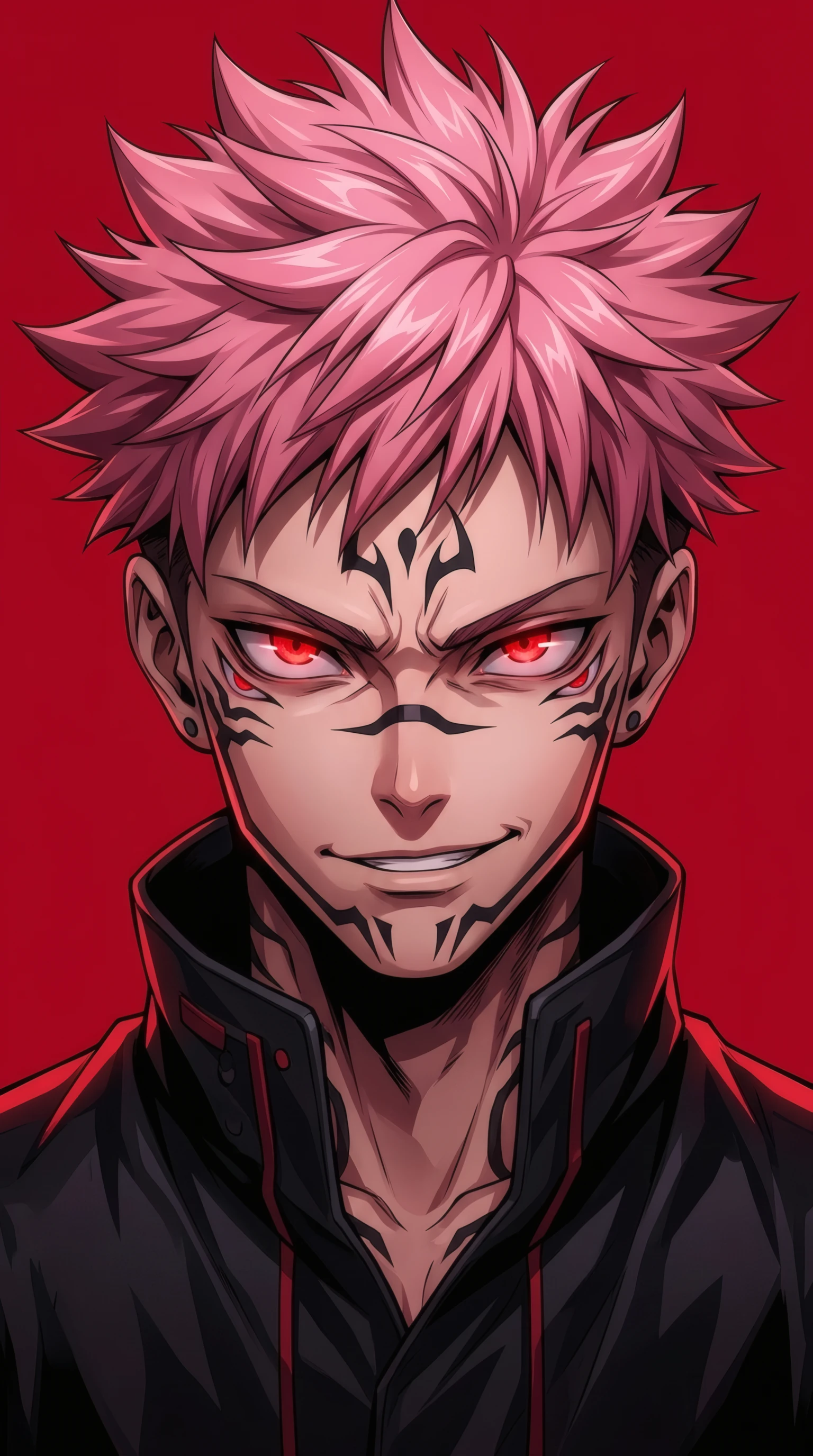 Anime Boy with Pink Hair and Glowing Red Eyes