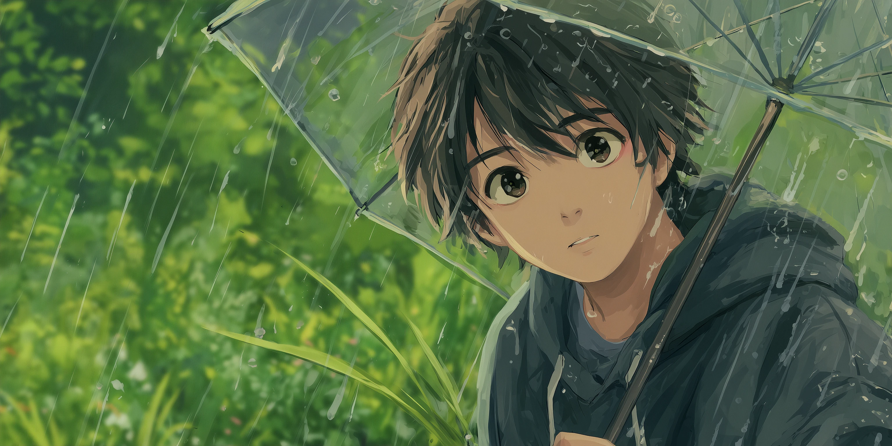 Anime Boy with Umbrella in Rainy Green Scenery