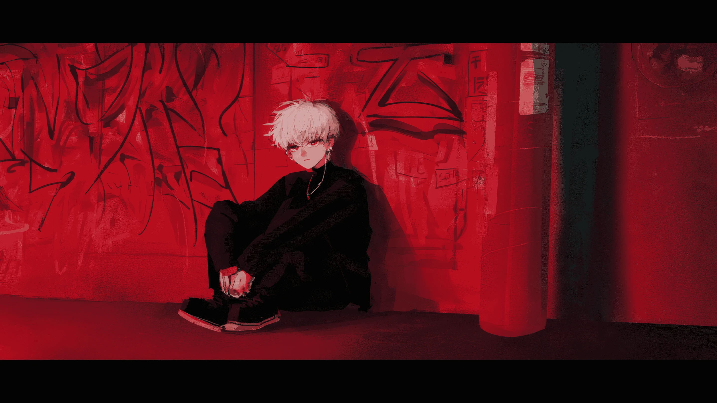 Anime Boy with White Hair in Red Graffiti Alley