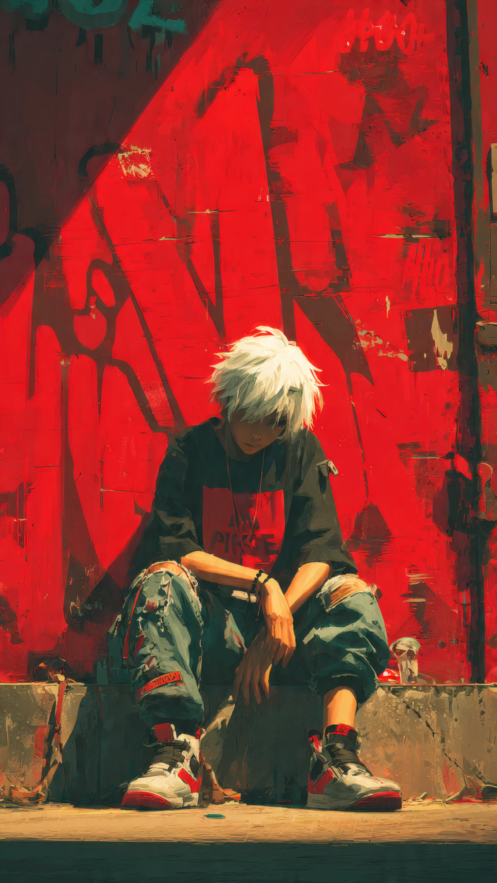 Anime Boy with White Hair in Urban Graffiti Setting