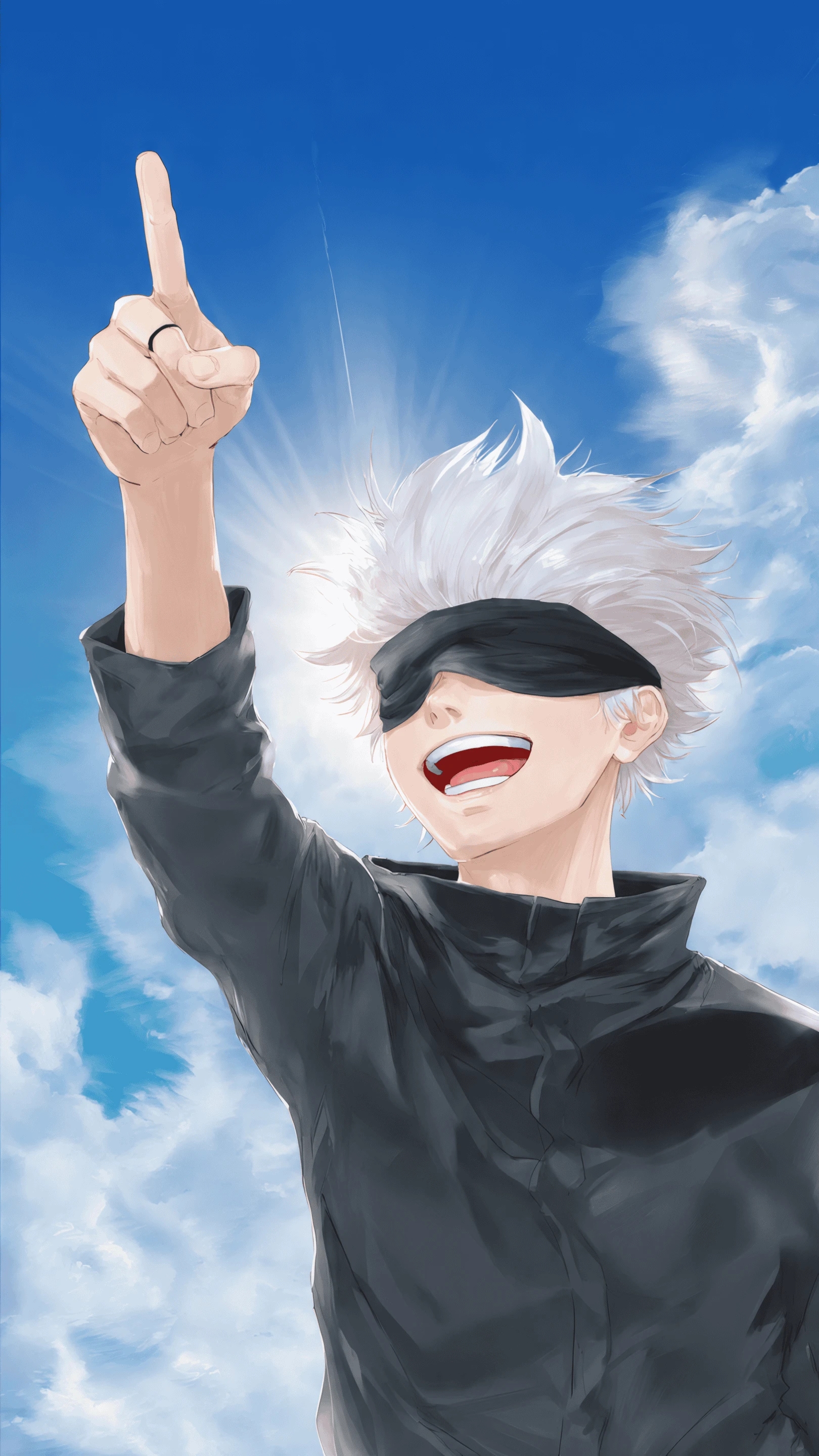 Anime Boy with White Hair Smiling in Blue Sky