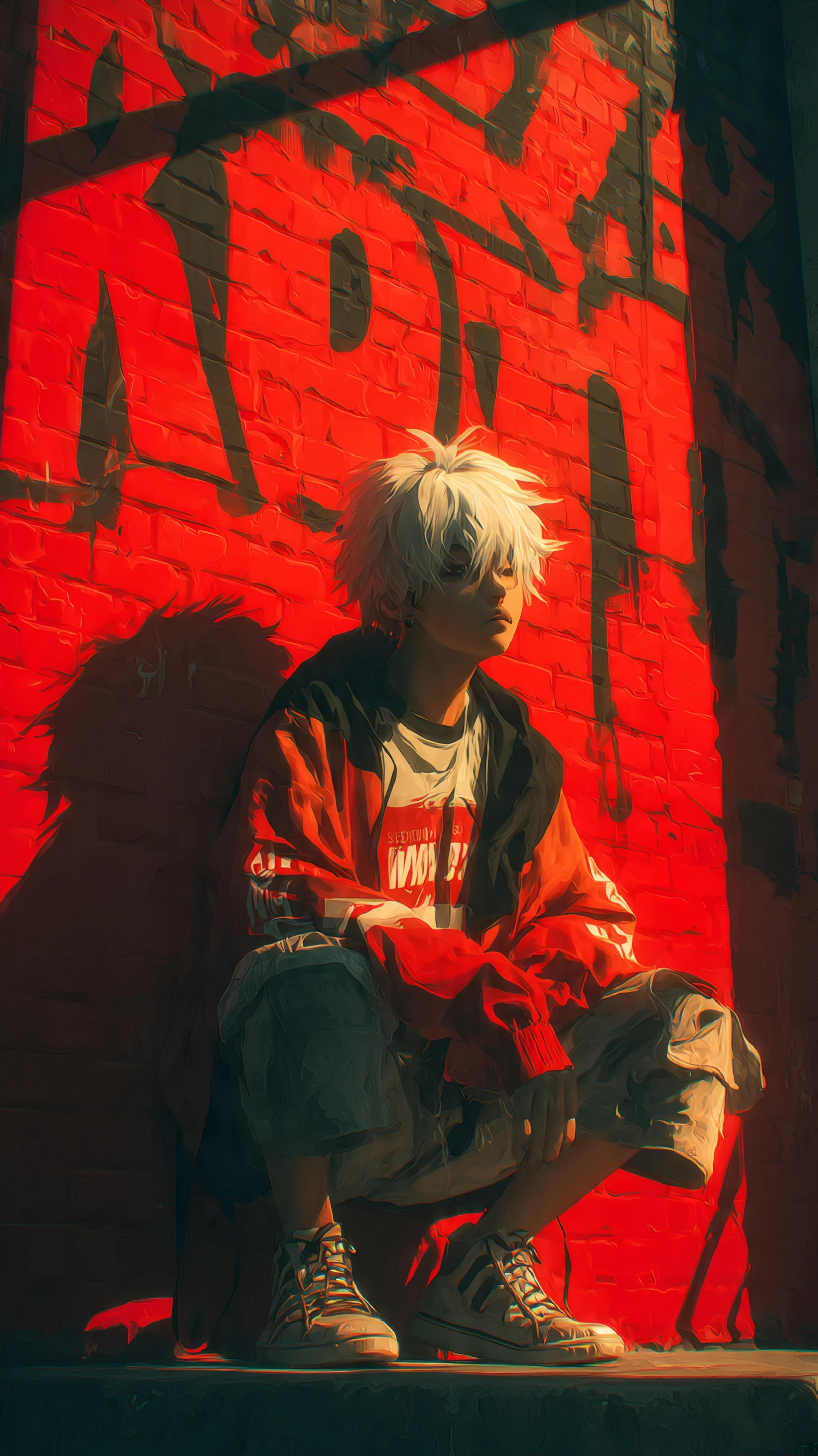 Anime Boy with White Hair Squatting by Graffiti Wall