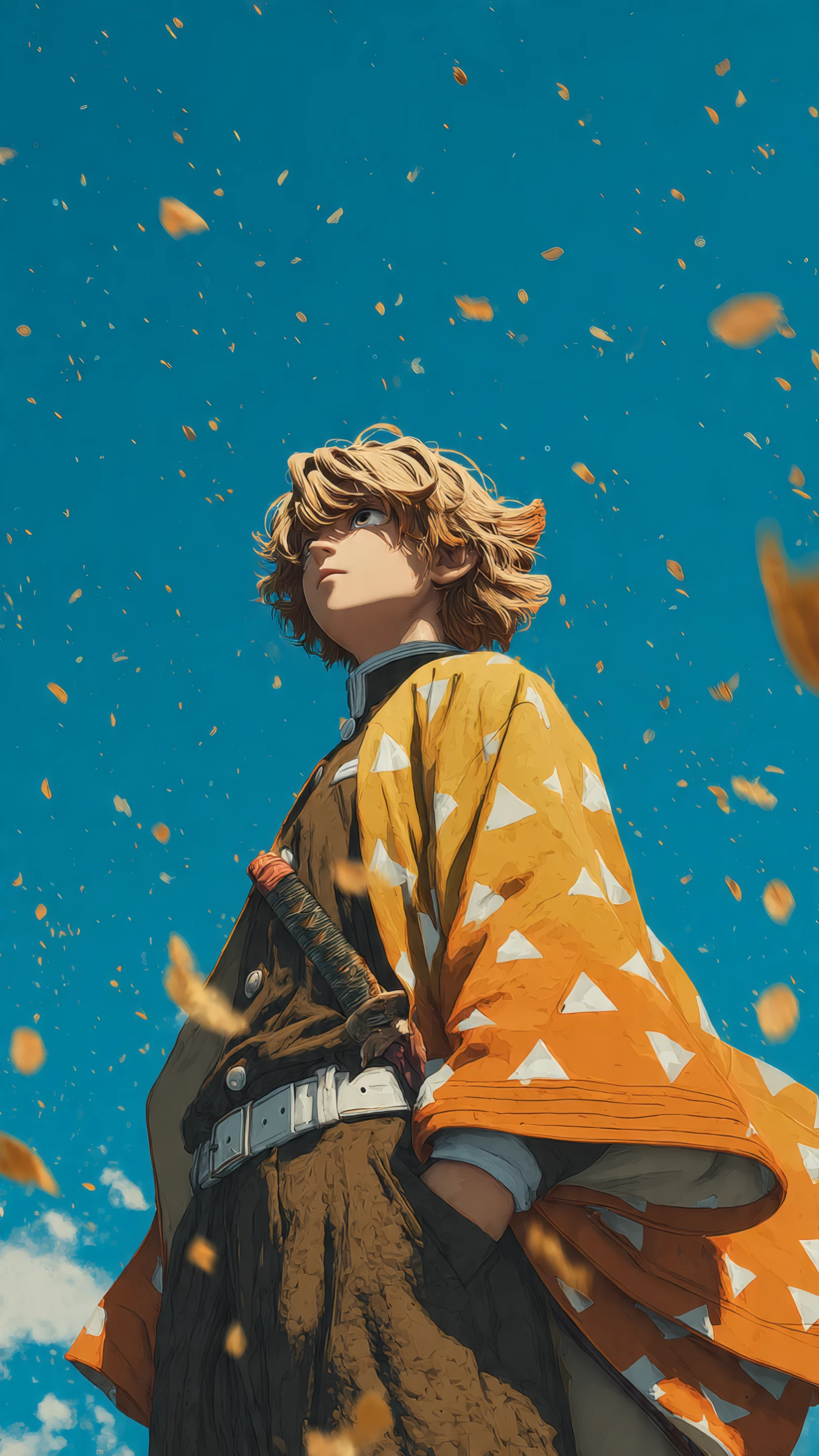 Anime Boy with Yellow Kimono and Sword Under Blue Sky