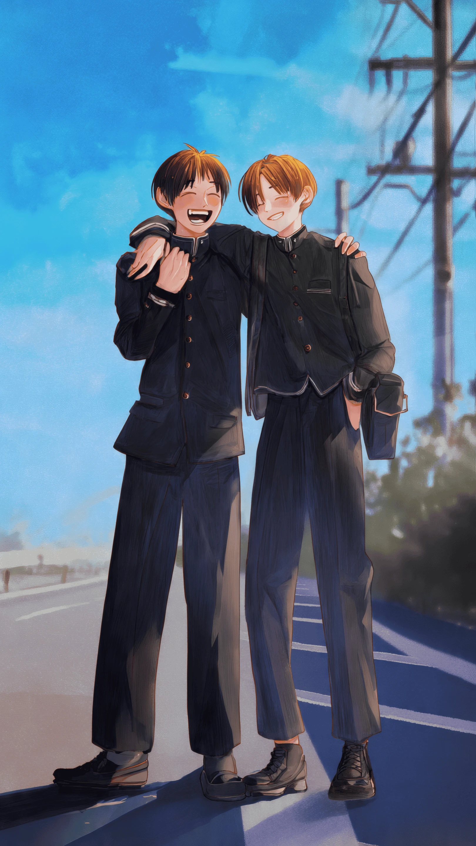 Anime Boys in Uniforms Walking on Sunny Street
