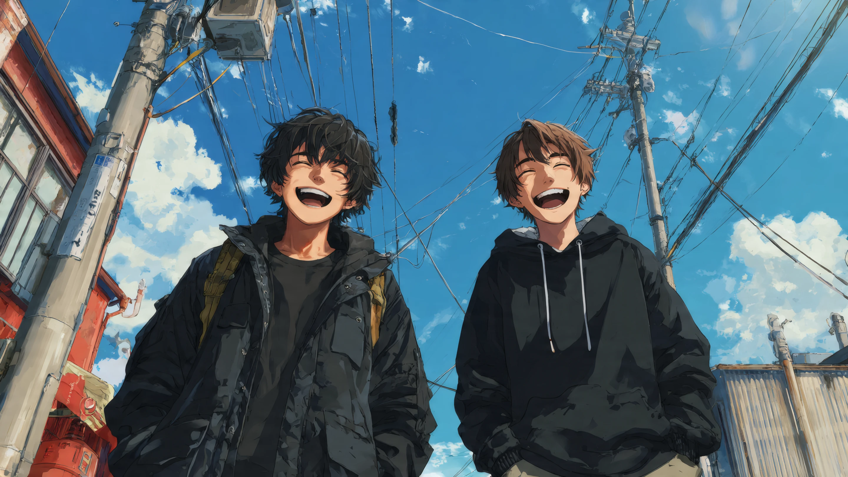 Anime Boys Laughing Under a Blue Sky