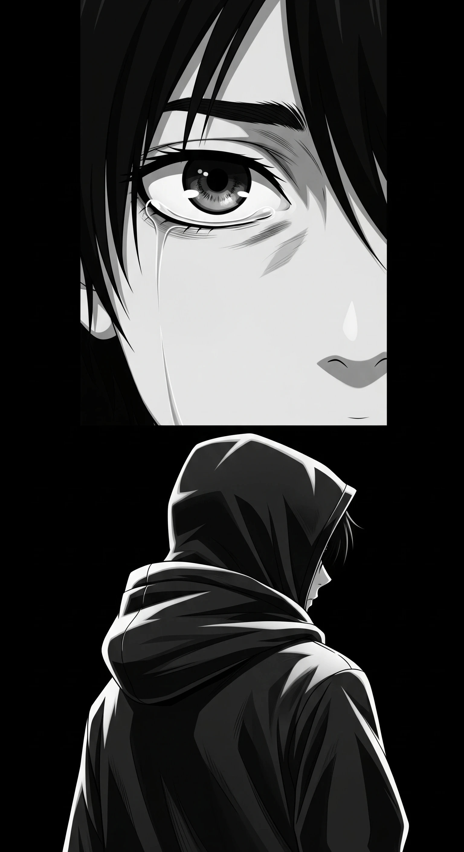 Anime Boy's Tearful Gaze in Monochrome