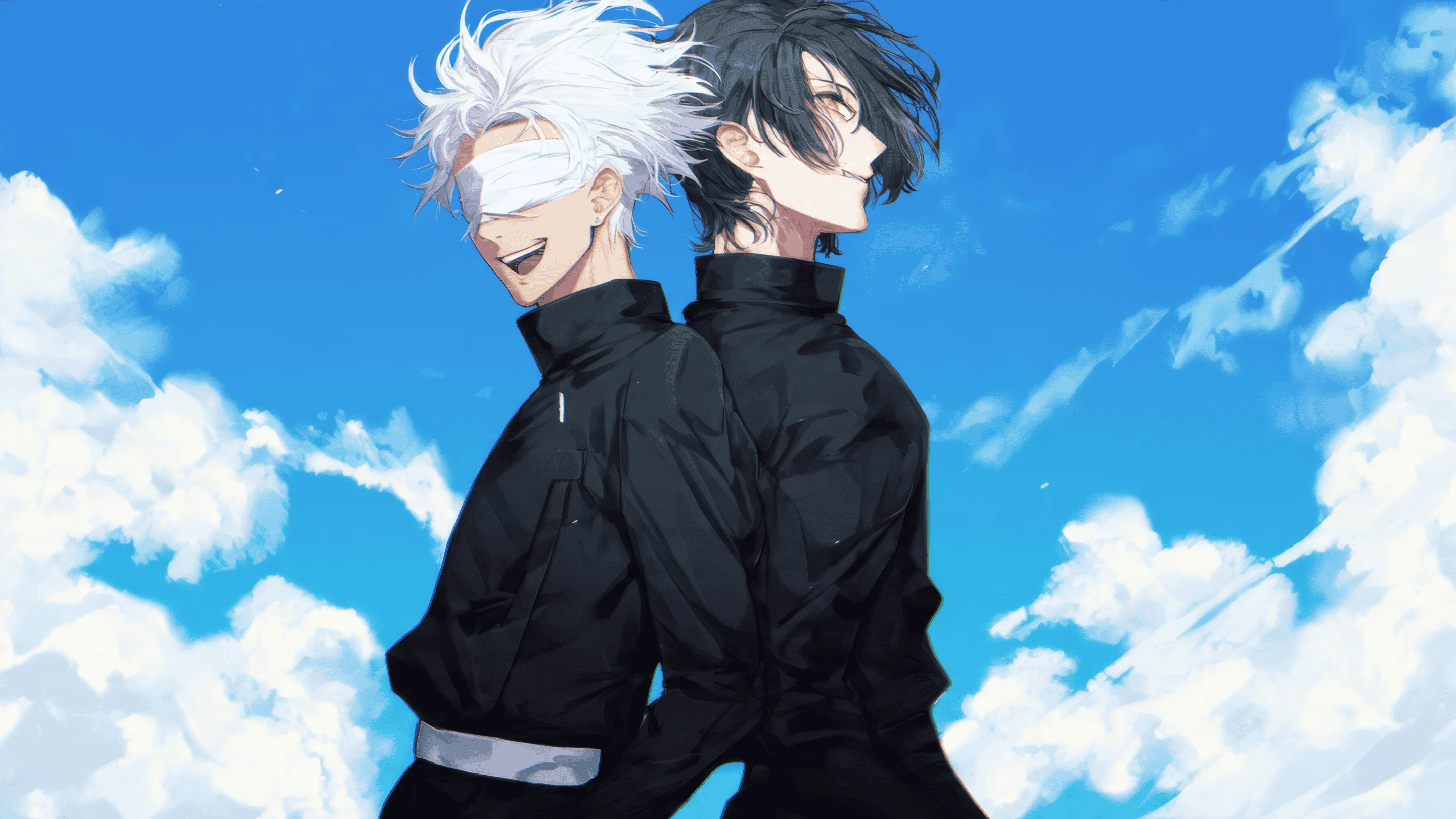 Anime Boys with White and Black Hair on Cloudy Sky