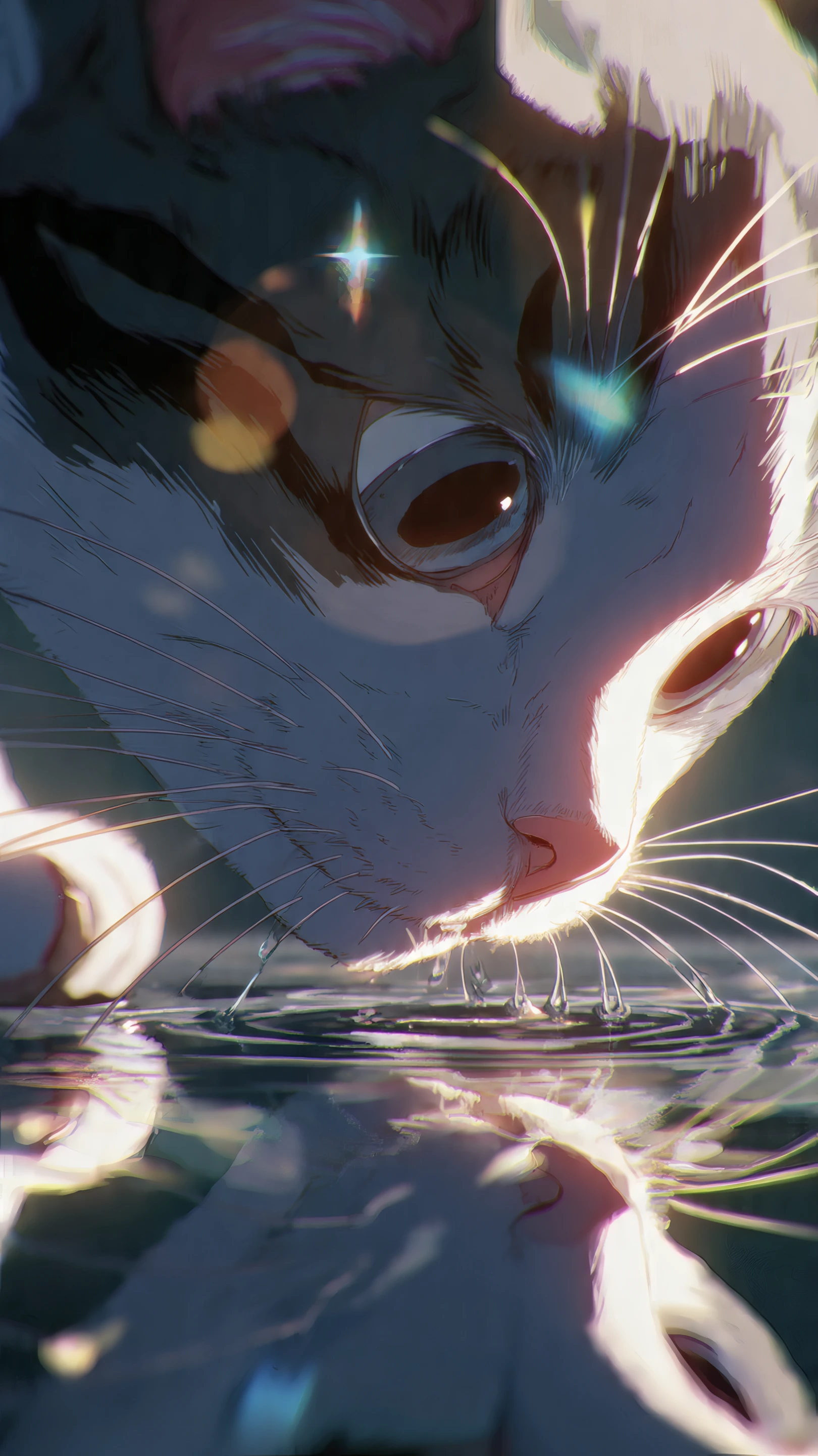 Anime Cat Drinking Water Reflection Art
