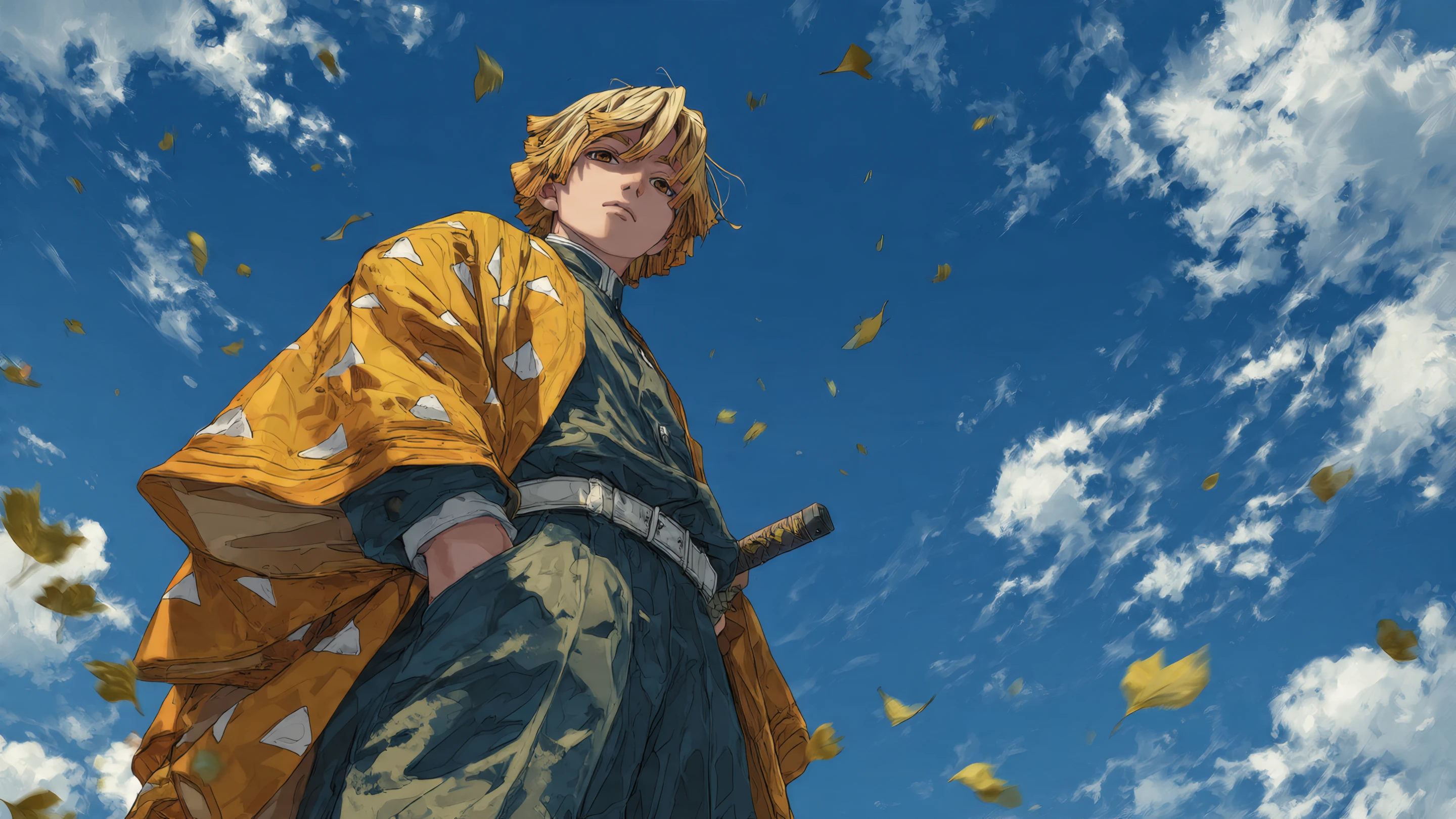 Anime Character in Yellow Kimono Against Blue Sky