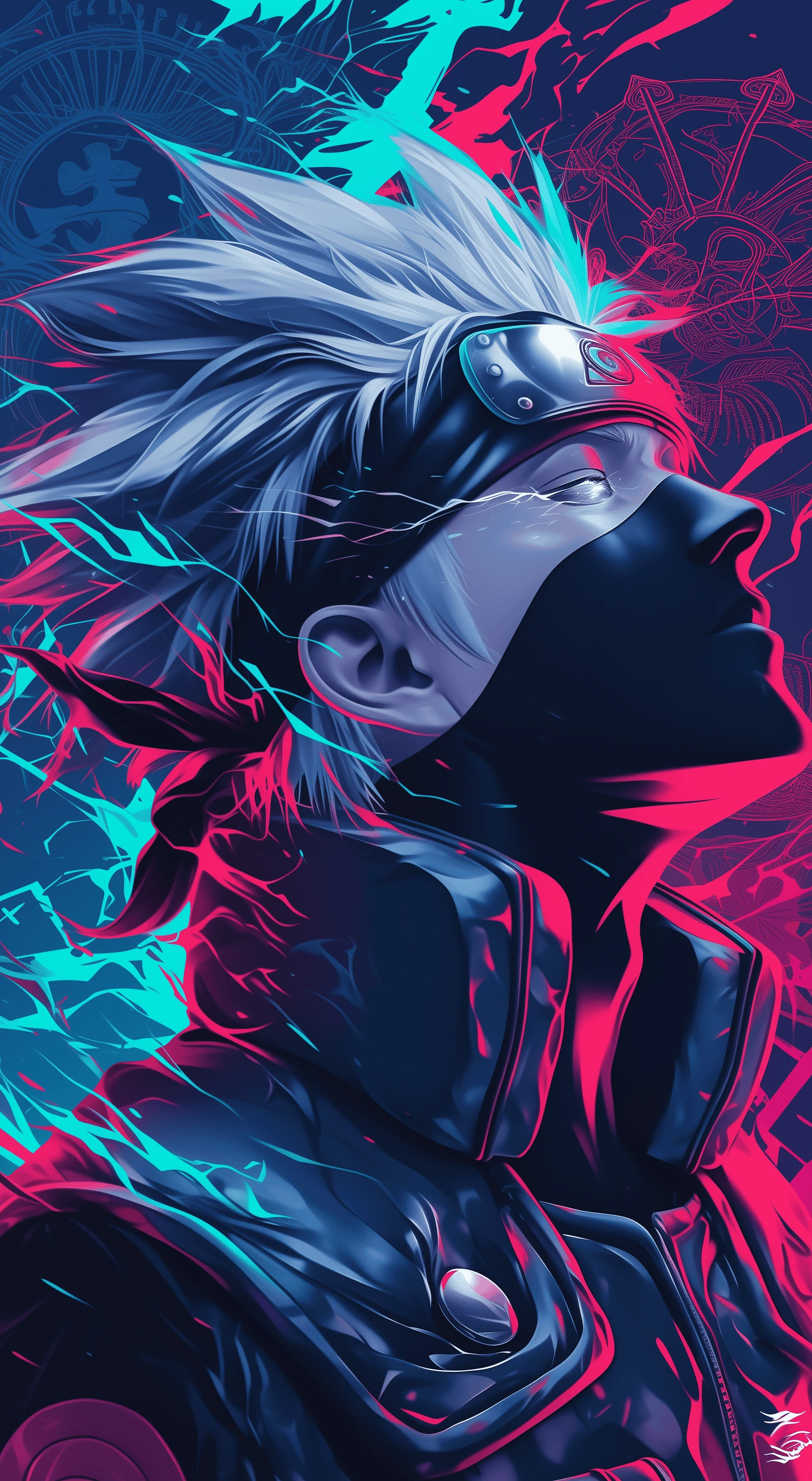 Anime Character Portrait in Neon Blue and Pink